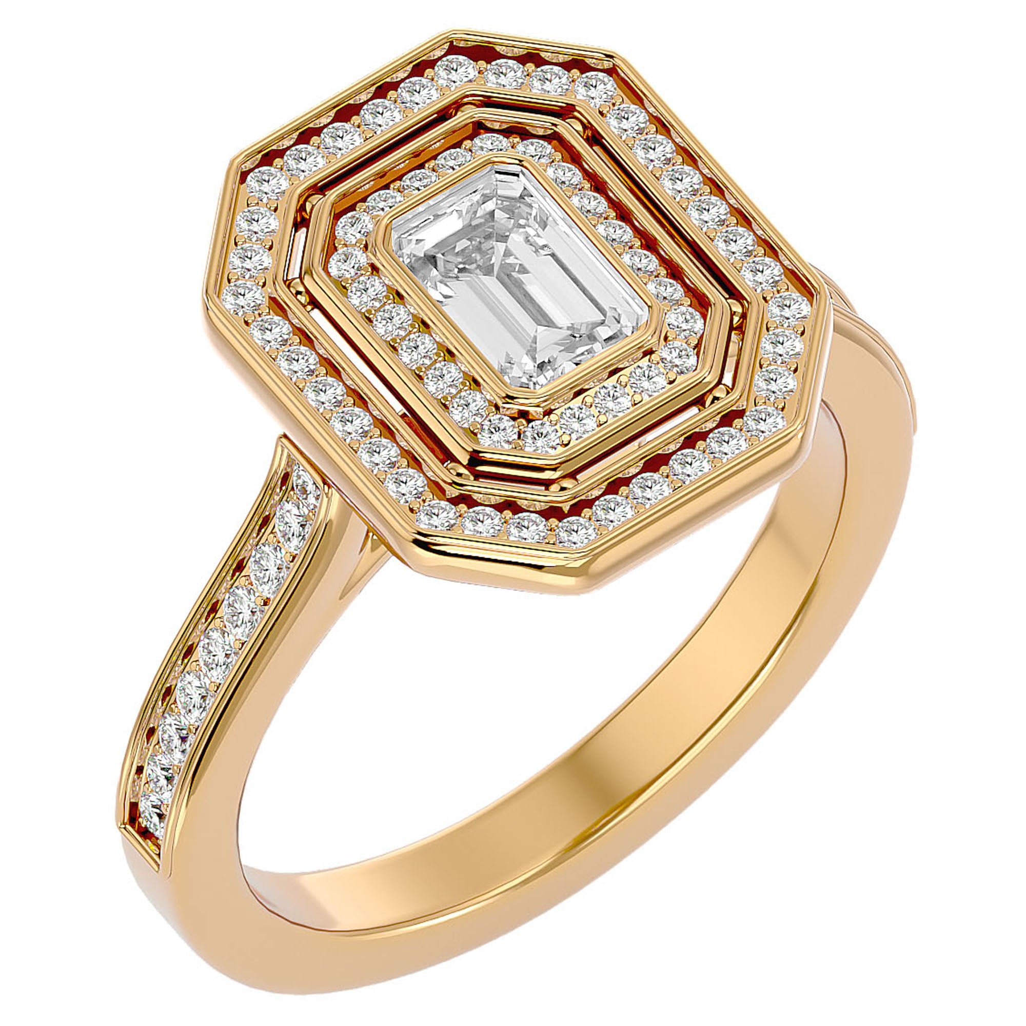 Inel Tăietură Smarald si Cadru Halo cu Diamante Create în Laborator de 0.91 ct din 18k Aur Galben - Castelo.ro