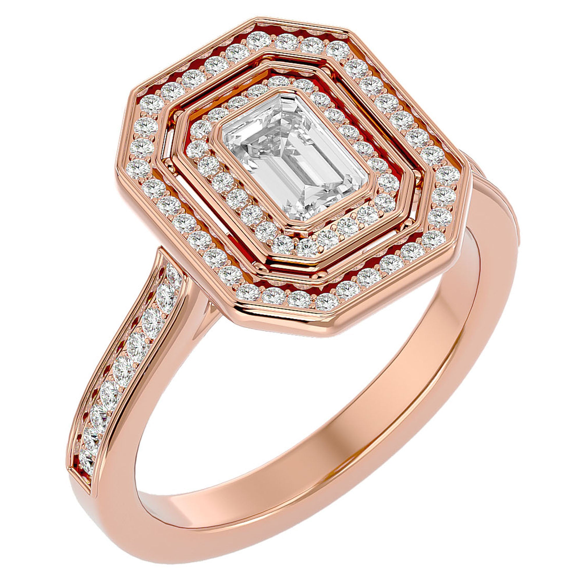 Inel Tăietură Smarald si Cadru Halo cu Diamante Create în Laborator de 0.91 ct din 18k Aur Roz - Castelo.ro