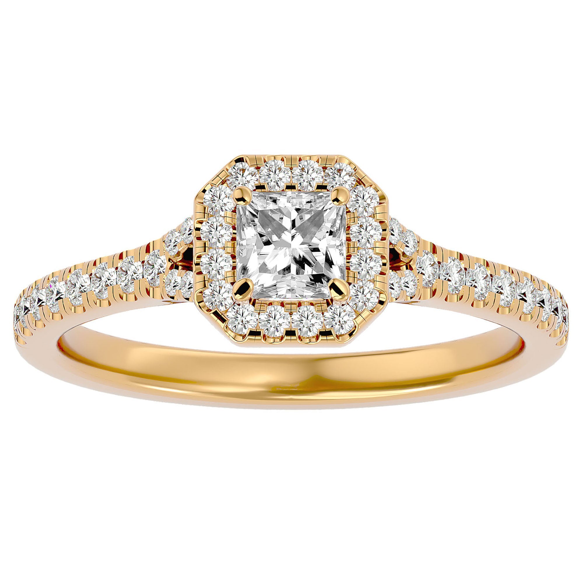 Inel Tăietură Pincess Si Cadru Halo din Aur 14k cu Diamante Naturale de 0.63 ct din 14k Aur Galben - Castelo.ro