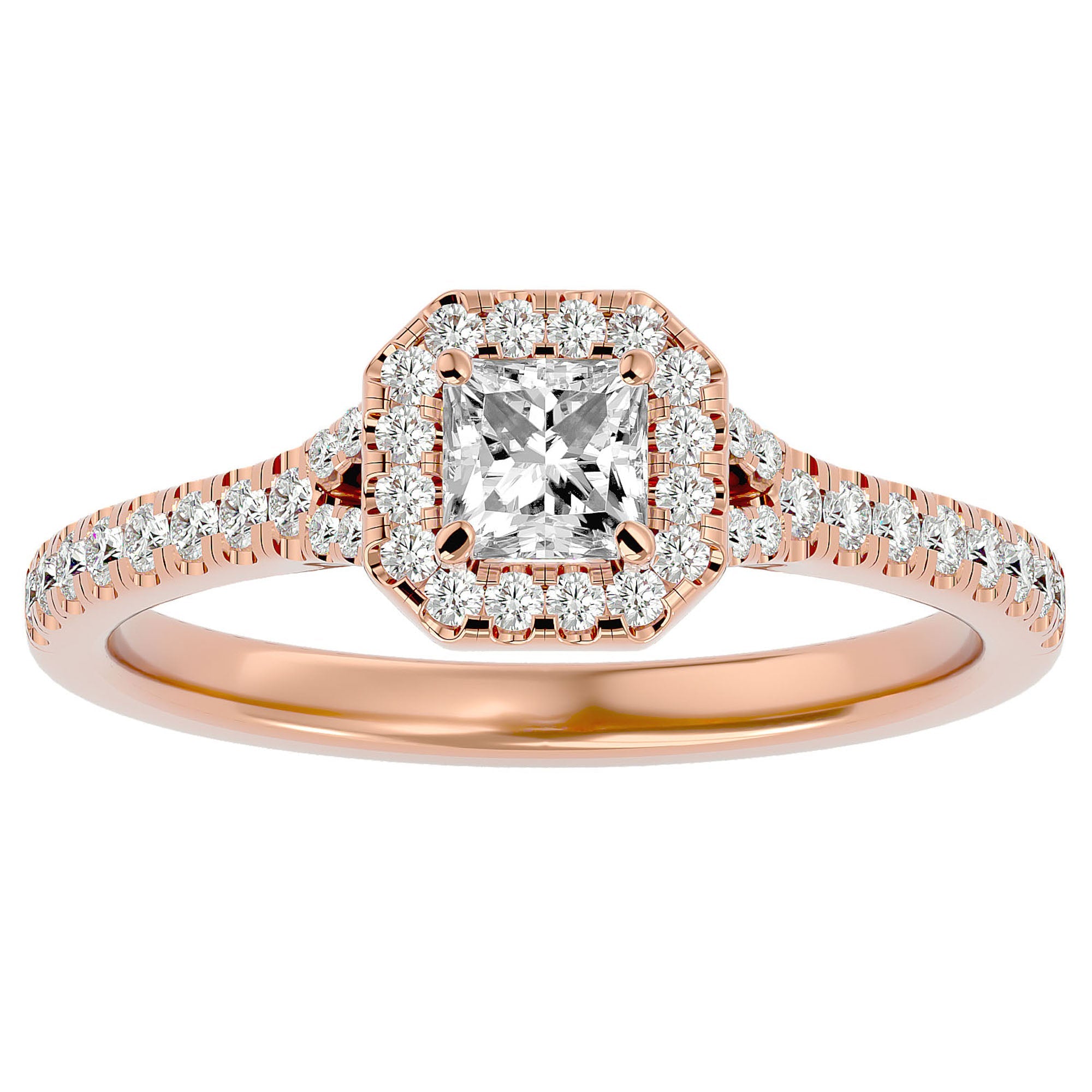 Inel Tăietură Pincess Si Cadru Halo cu Diamante Create în Laborator de 0.63 ct din 18k Aur Roz - Castelo.ro