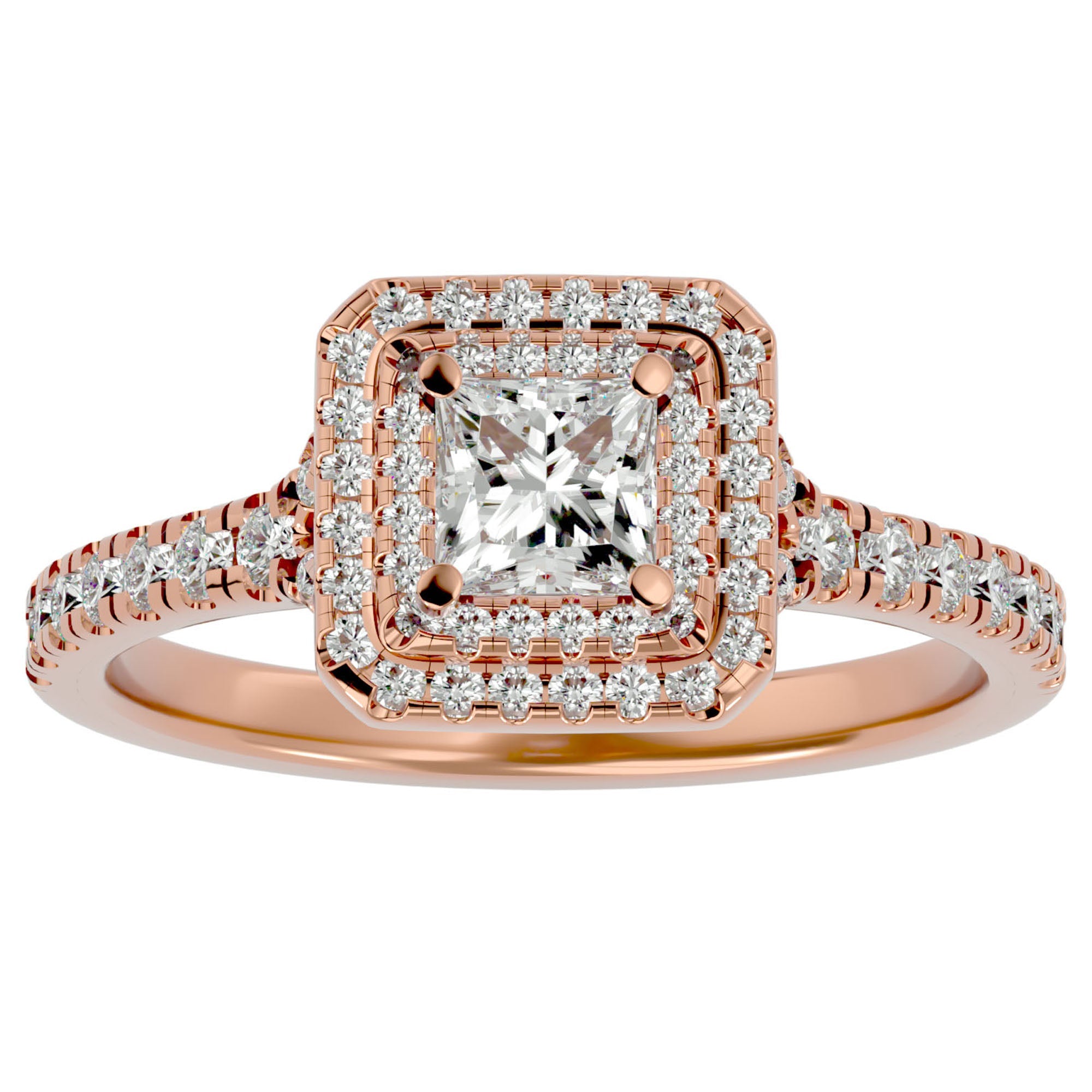 Inel Tăietură Princess Si Cadru Halo cu Diamante Naturale de 1.02 ct din 18k Aur Roz - Castelo.ro