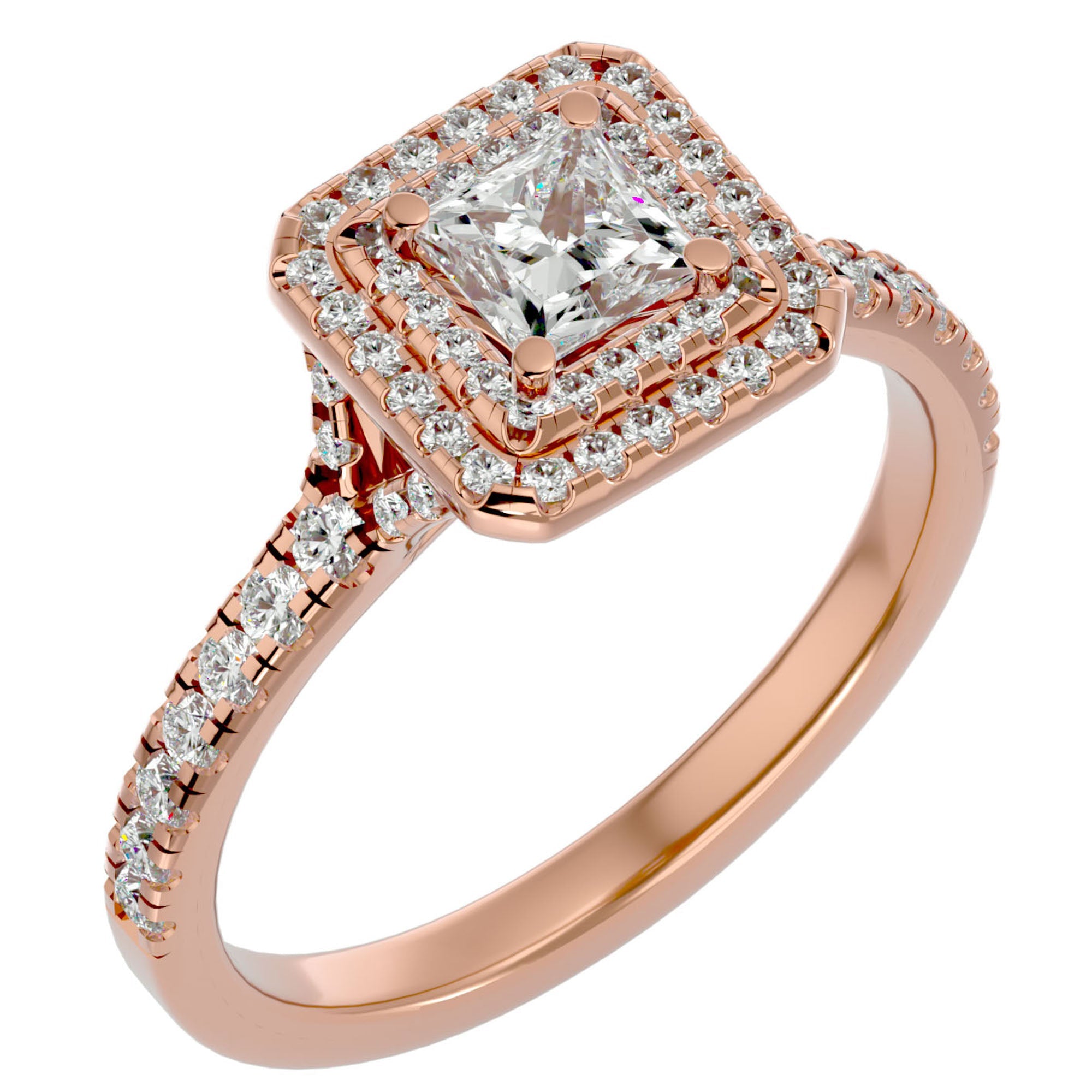 Inel Tăietură Princess Si Cadru Halo cu Diamante Naturale de 1.02 ct din 18k Aur Roz - Castelo.ro
