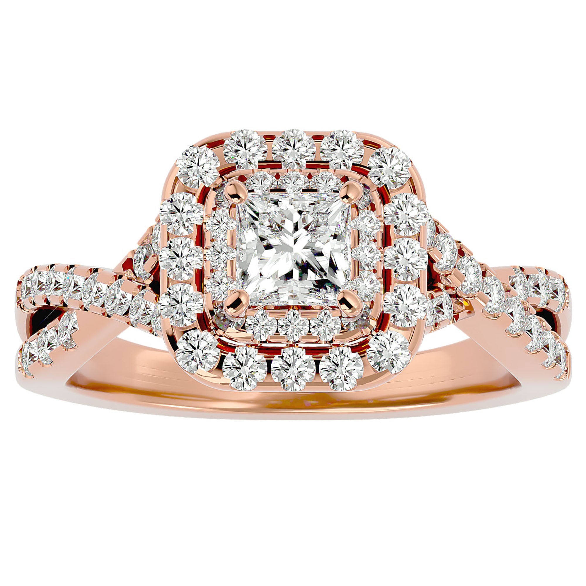 Inel Tăietură Princess Si Cadru Halo cu Moissanite de 1.30 ct din 18k Aur Roz - Castelo.ro