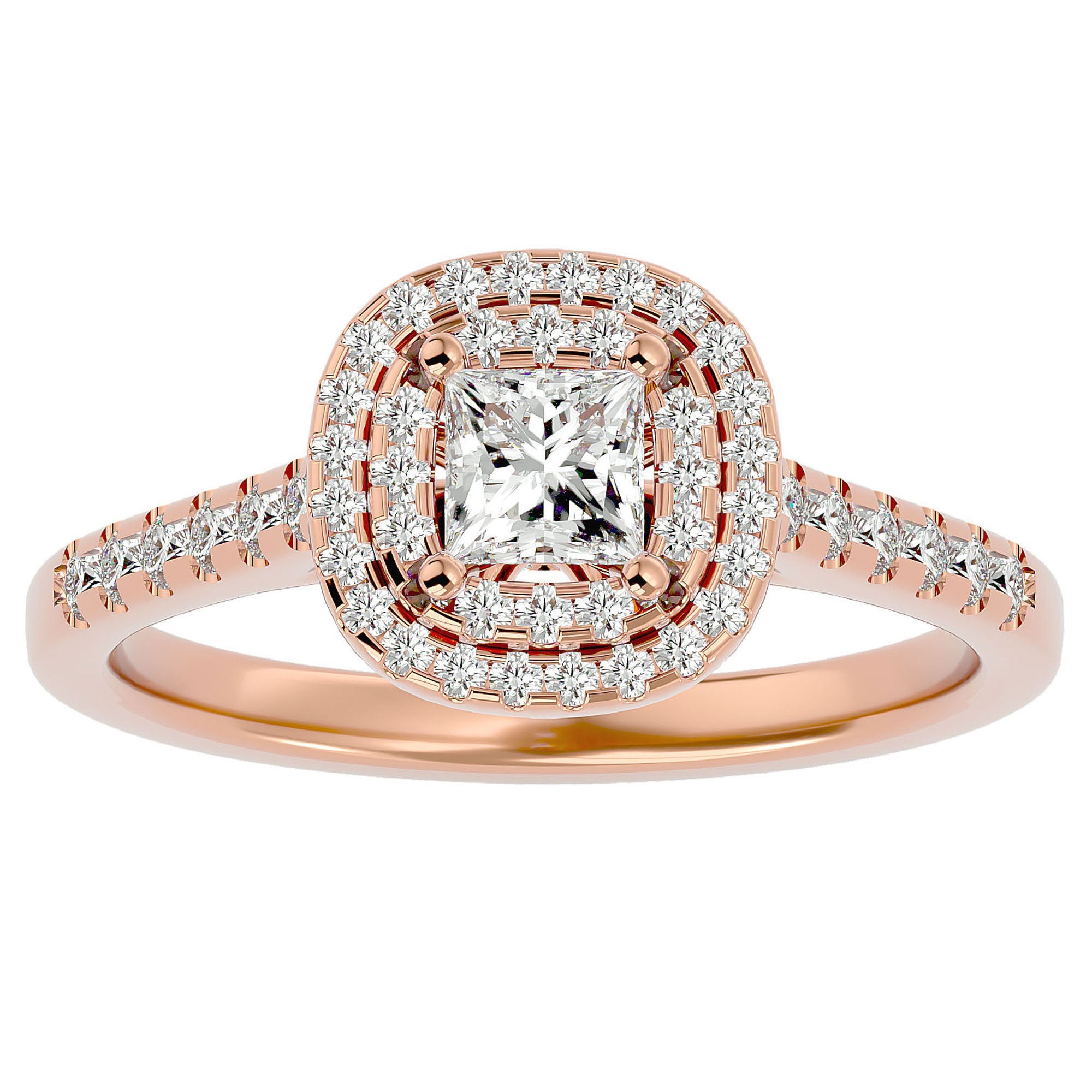 Inel Tăietură Princess Si Cadru Halo din Aur 14k cu Diamante Naturale de 0.83 ct din 14k Aur Roz - Castelo.ro