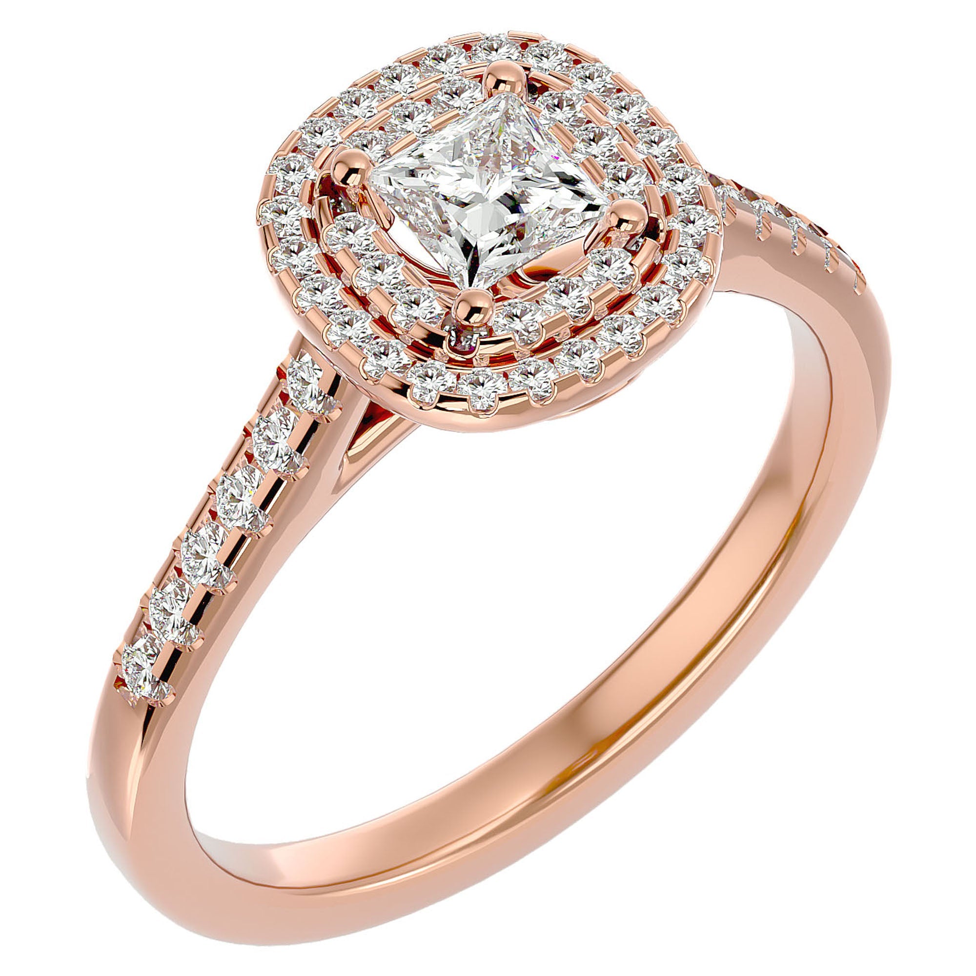 Inel Tăietură Princess Si Cadru Halo cu Diamante Create în Laborator de 0.83 ct din 18k Aur Roz - Castelo.ro