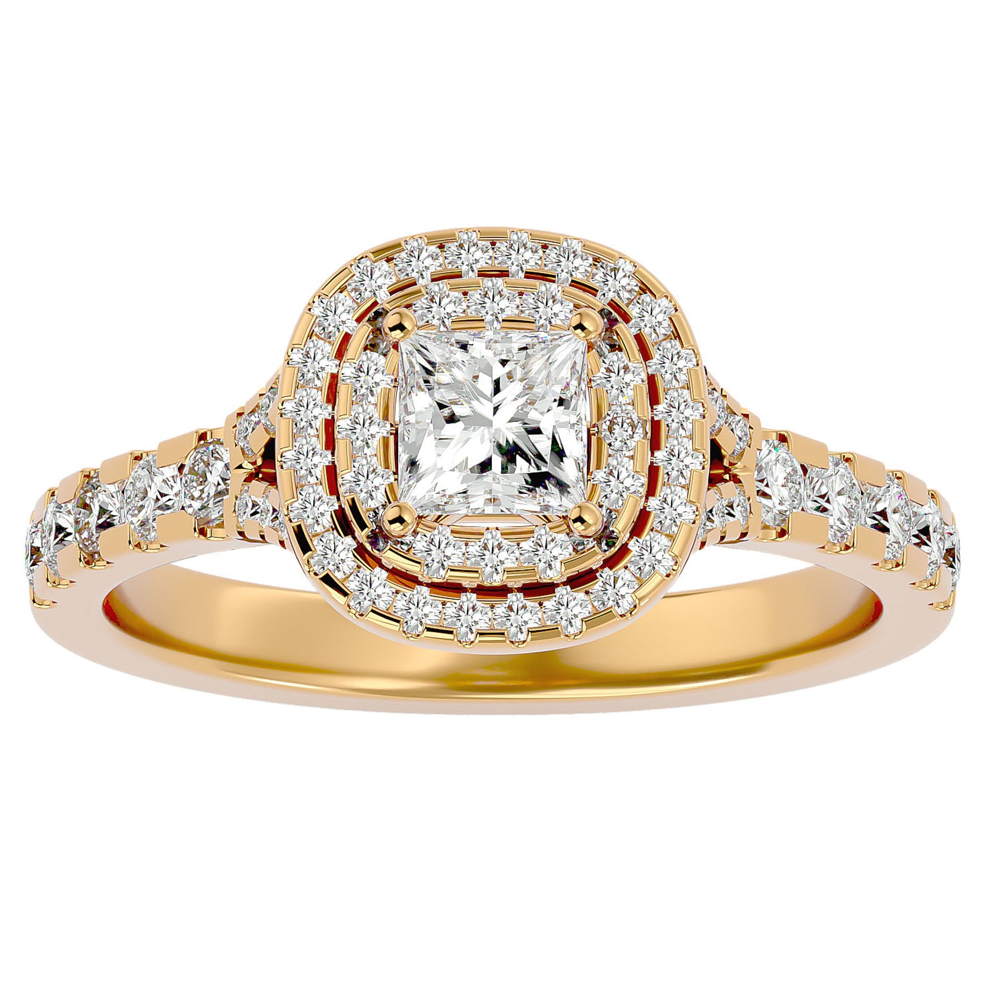 Inel Tăietură Princess Si Cadru Halo cu Moissanite de 1.08 ct din 18k Aur Galben - Castelo.ro