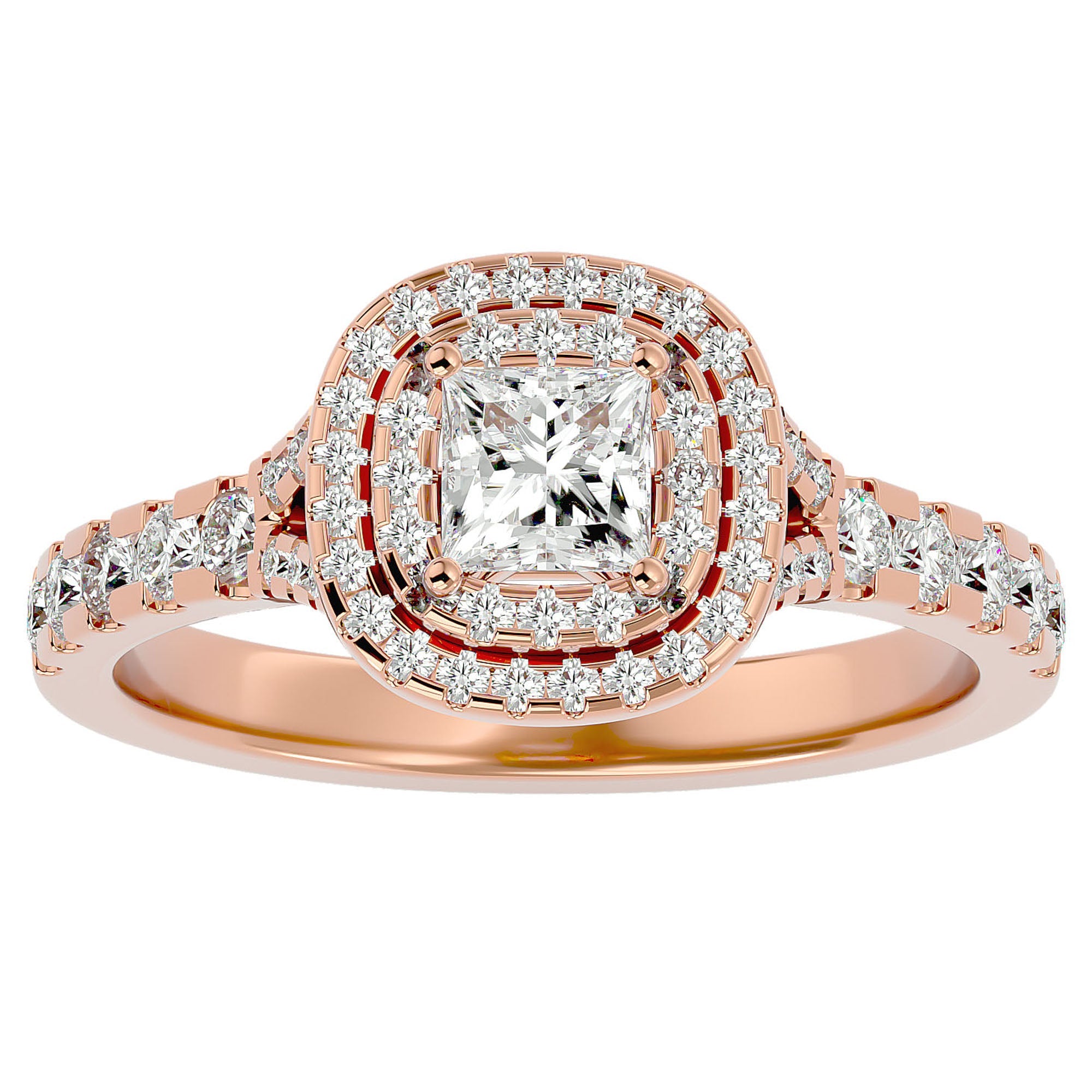 Inel Tăietură Princess Si Cadru Halo cu Moissanite de 1.08 ct din 18k Aur Roz - Castelo.ro