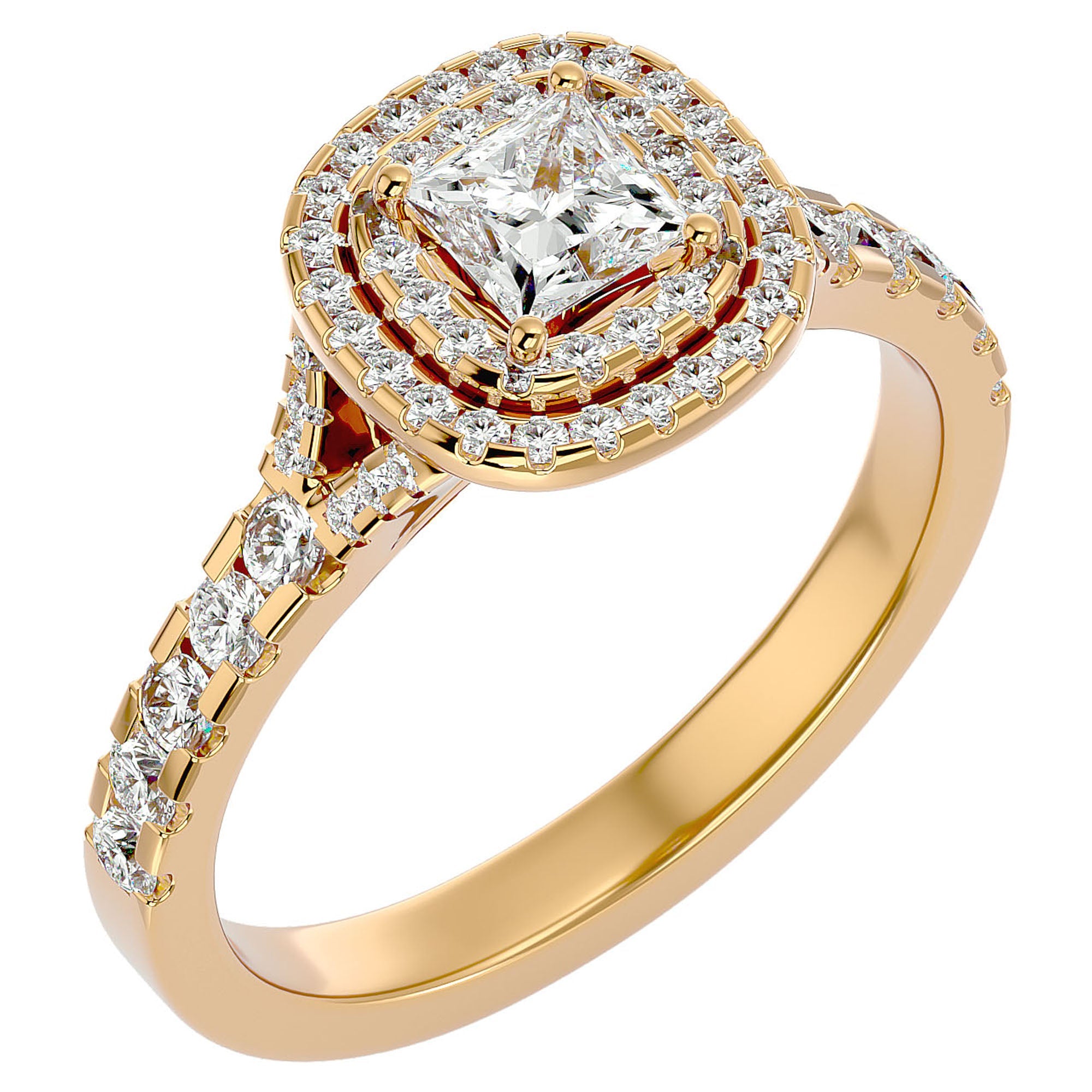 Inel Tăietură Princess Si Cadru Halo cu Moissanite de 1.08 ct din 18k Aur Galben - Castelo.ro
