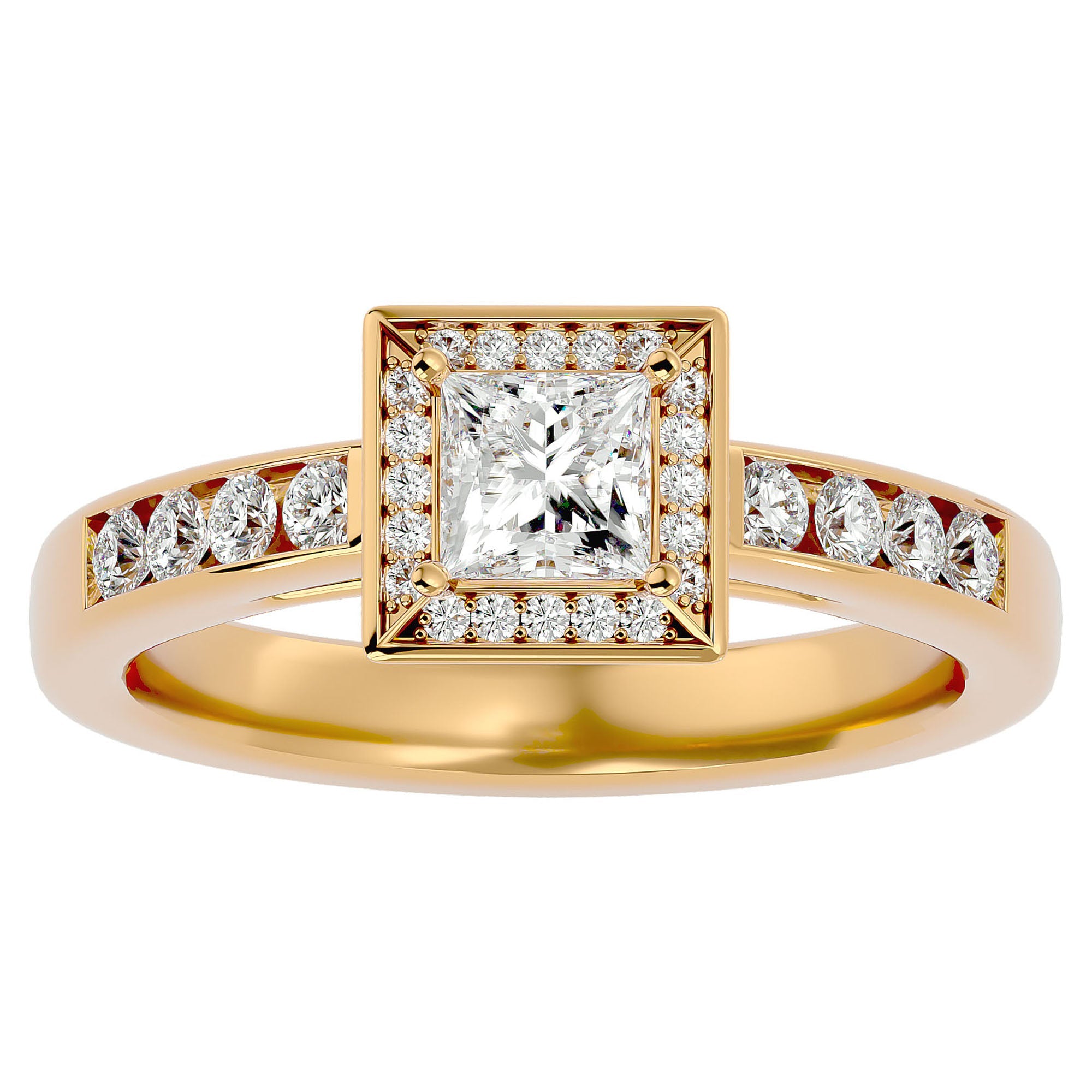Inel Tăietură Princess Si Cadru Halo cu Moissanite de 0.71 ct din 18k Aur Galben - Castelo.ro