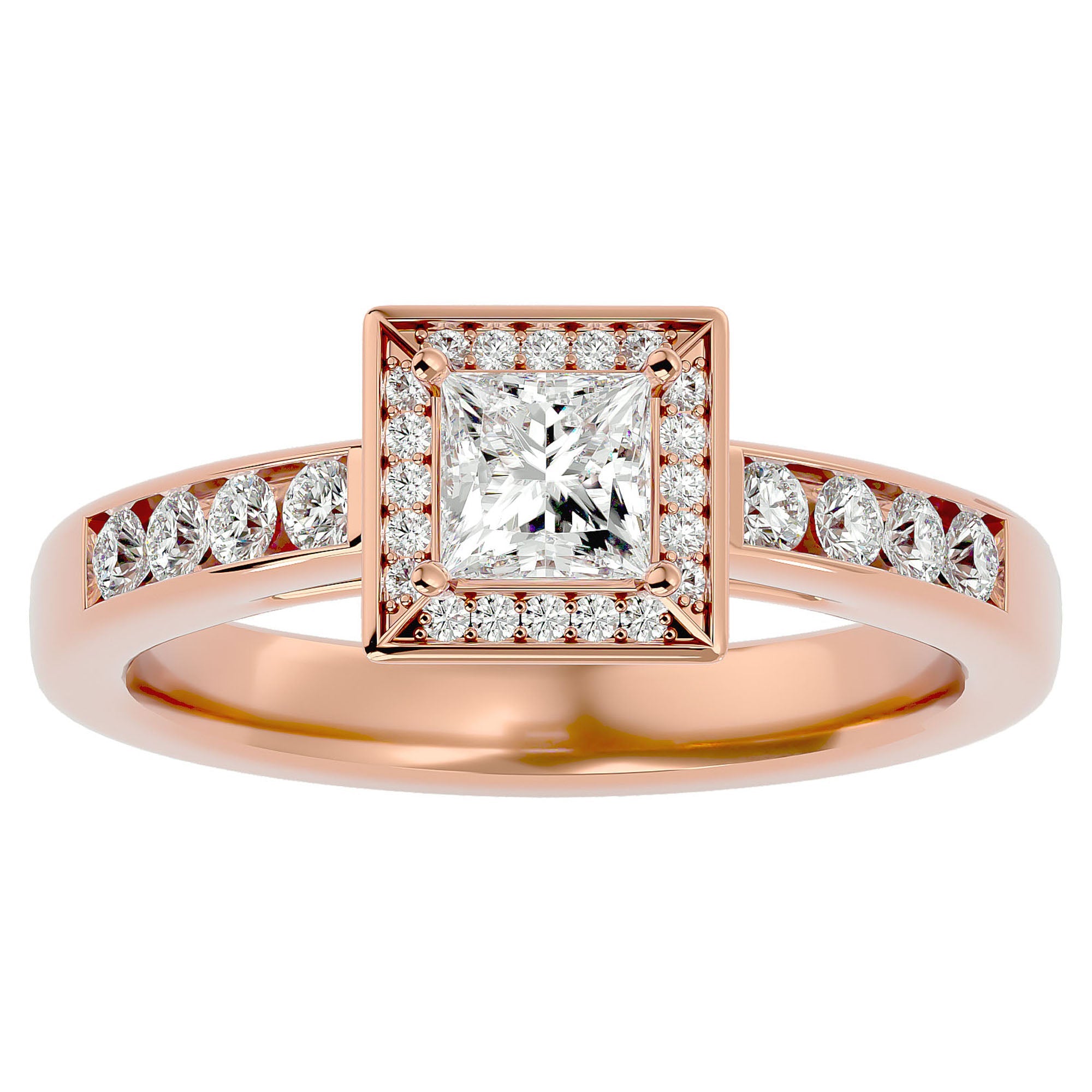 Inel Tăietură Princess Si Cadru Halo cu Moissanite de 0.71 ct din 18k Aur Roz - Castelo.ro
