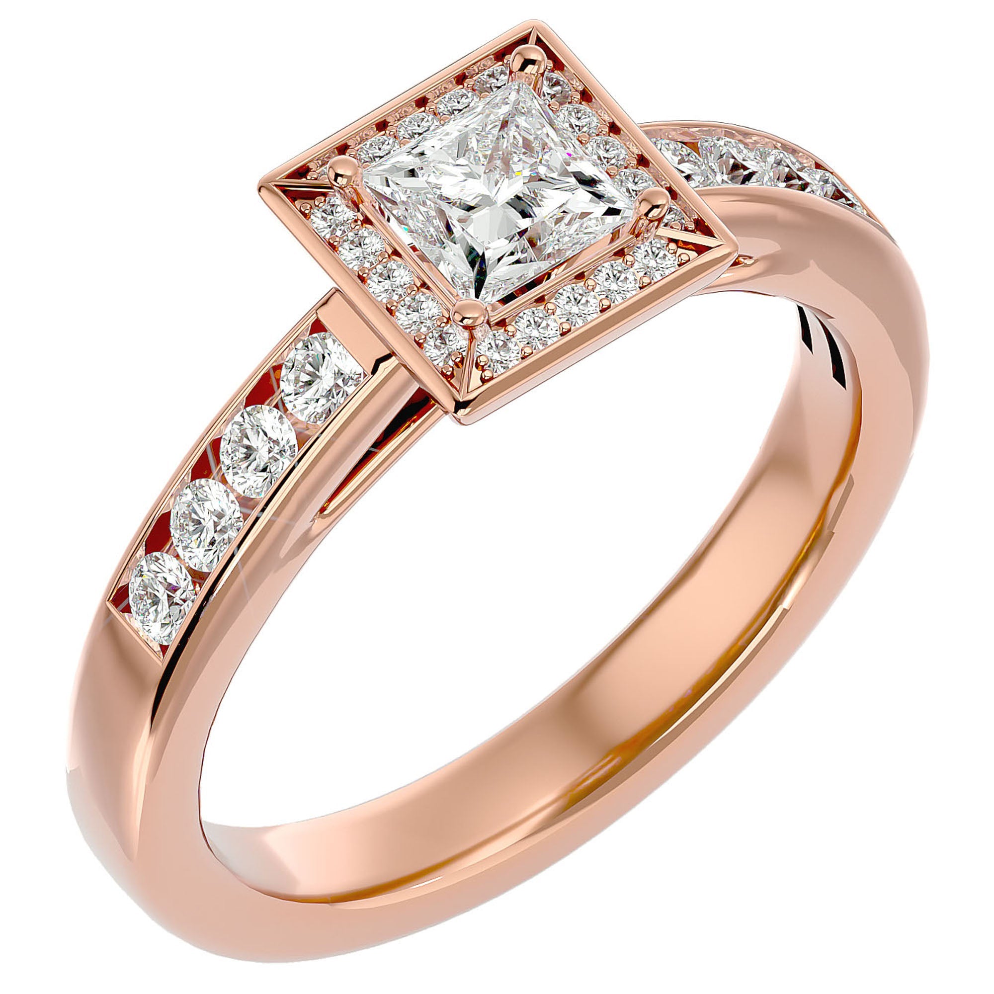 Inel Tăietură Princess Si Cadru Halo cu Moissanite de 0.71 ct din 18k Aur Roz - Castelo.ro