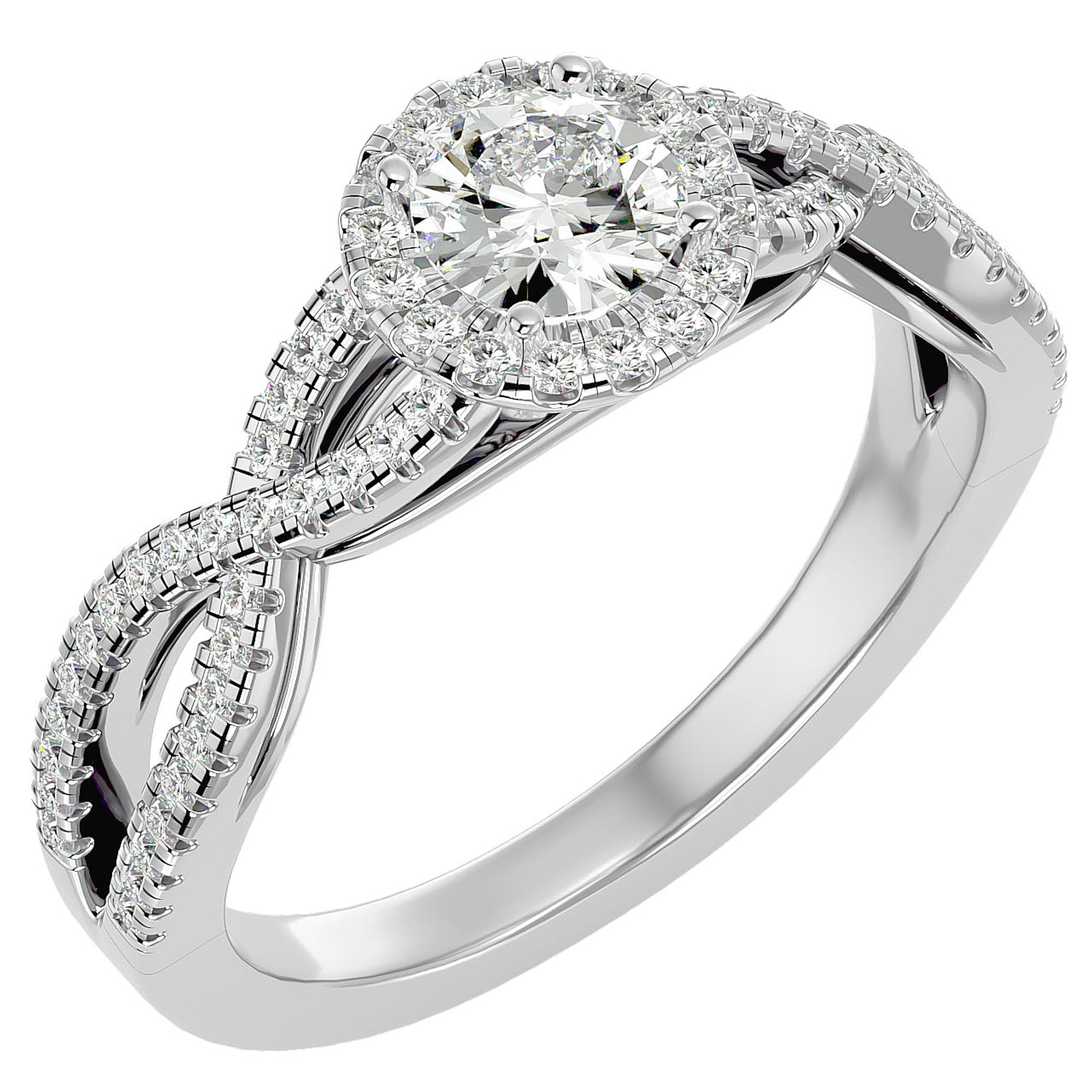 Inel de Logodnă Trio din Aur 14k cu Diamante Create în Laborator Halo Pavé de 0.68 ct din 14k Aur Alb - Castelo.ro