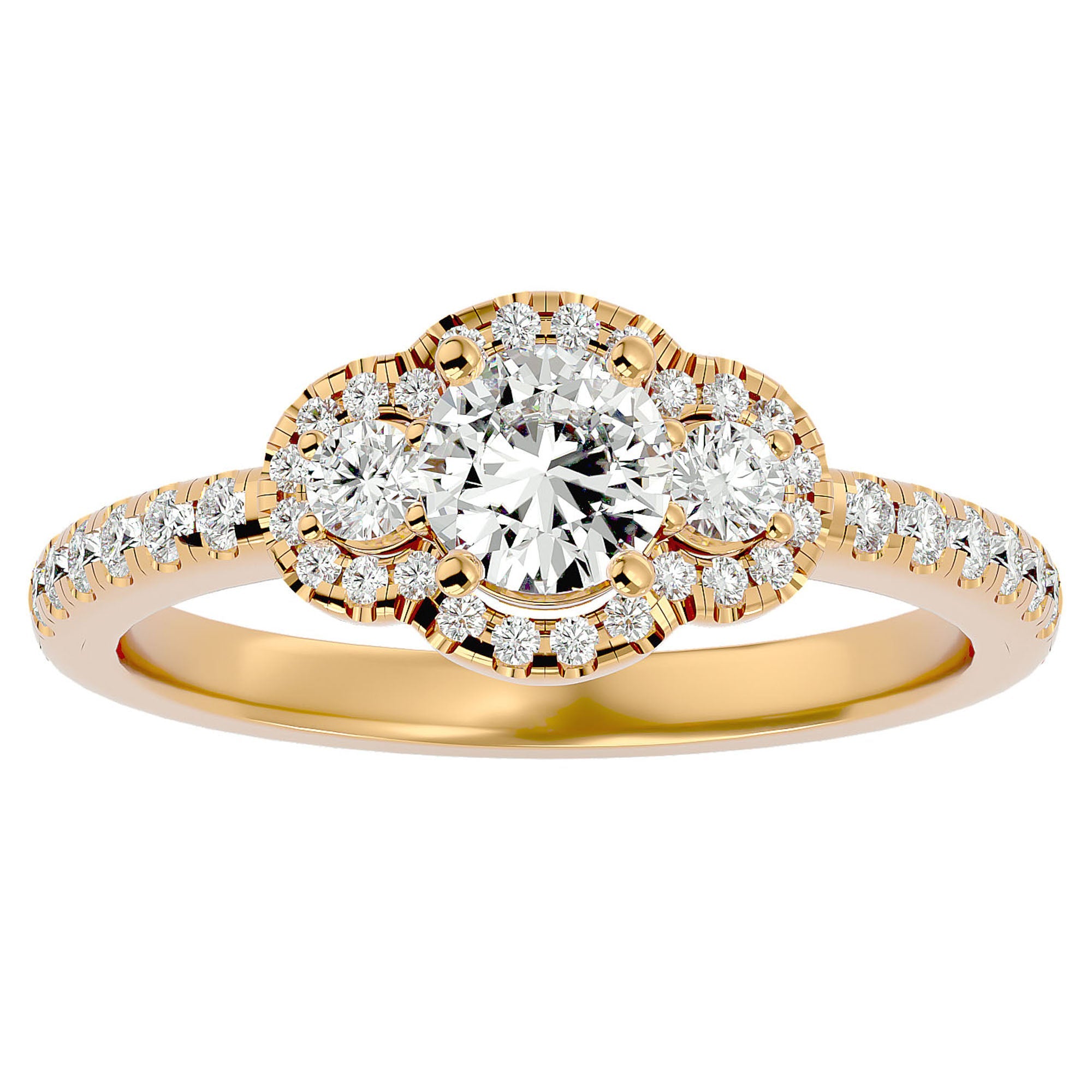 Inel de Logodnă din Aur 14k cu Moissanite Halo Pavé Trio de 0.80 ct din 14k Aur Galben - Castelo.ro
