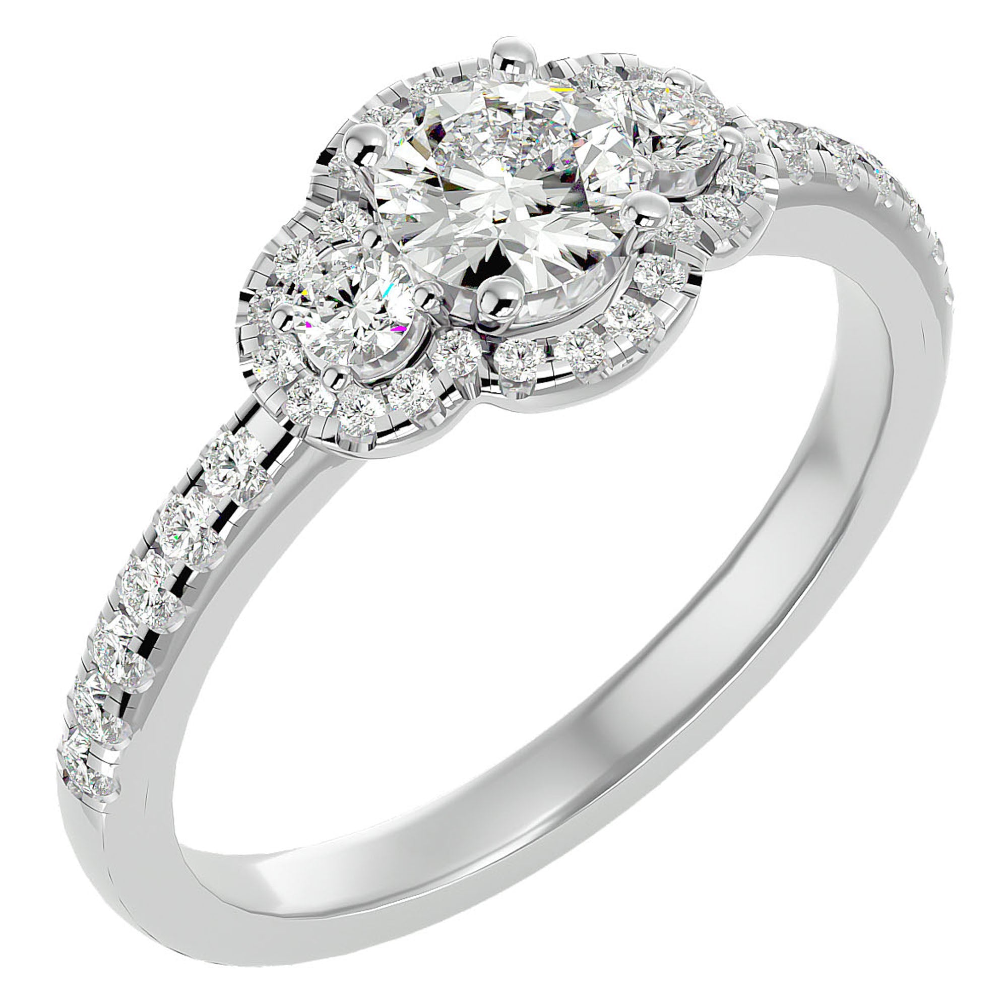 Inel de Logodnă din Aur 14k cu Moissanite Halo Pavé Trio de 0.80 ct din 14k Aur Alb - Castelo.ro