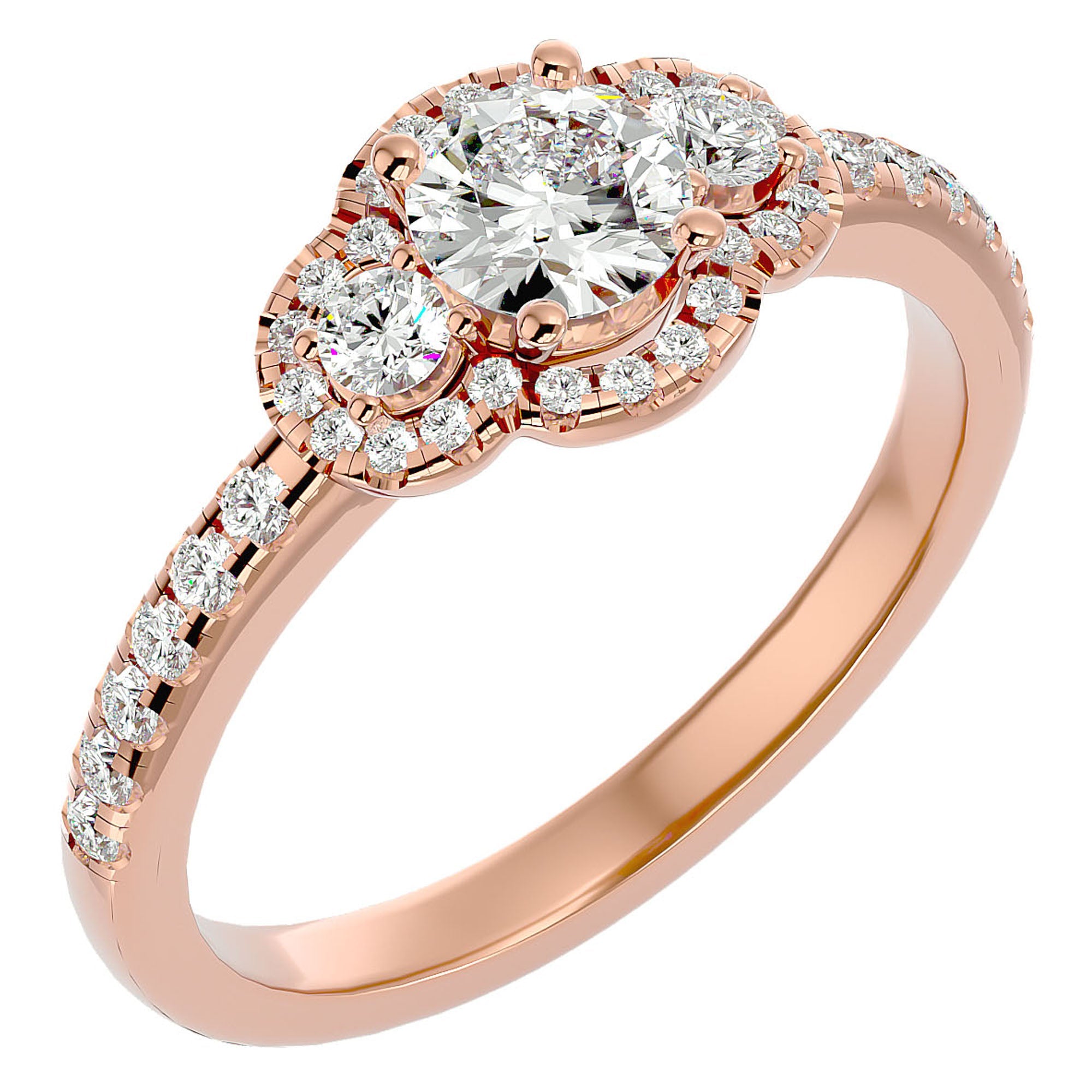 Inel de Logodnă din Aur 14k cu Moissanite Halo Pavé Trio de 0.80 ct din 14k Aur Roz - Castelo.ro