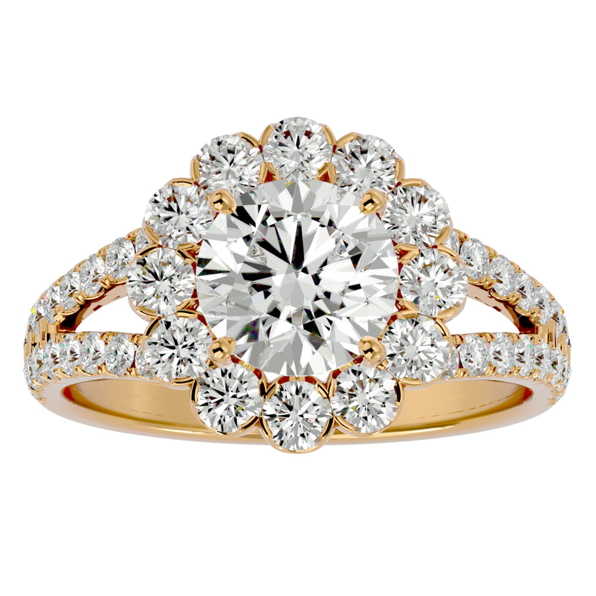 Inel de Logodnă Floral cu Moissanite Halo Etern Pavé de 2.51 ct din 18k Aur Galben - Castelo.ro