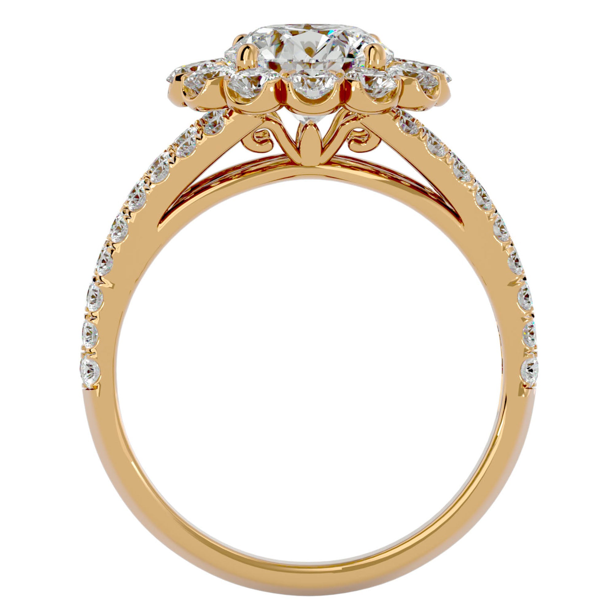 Inel de Logodnă Floral cu Moissanite Halo Etern Pavé de 2.51 ct din 18k Aur Galben - Castelo.ro