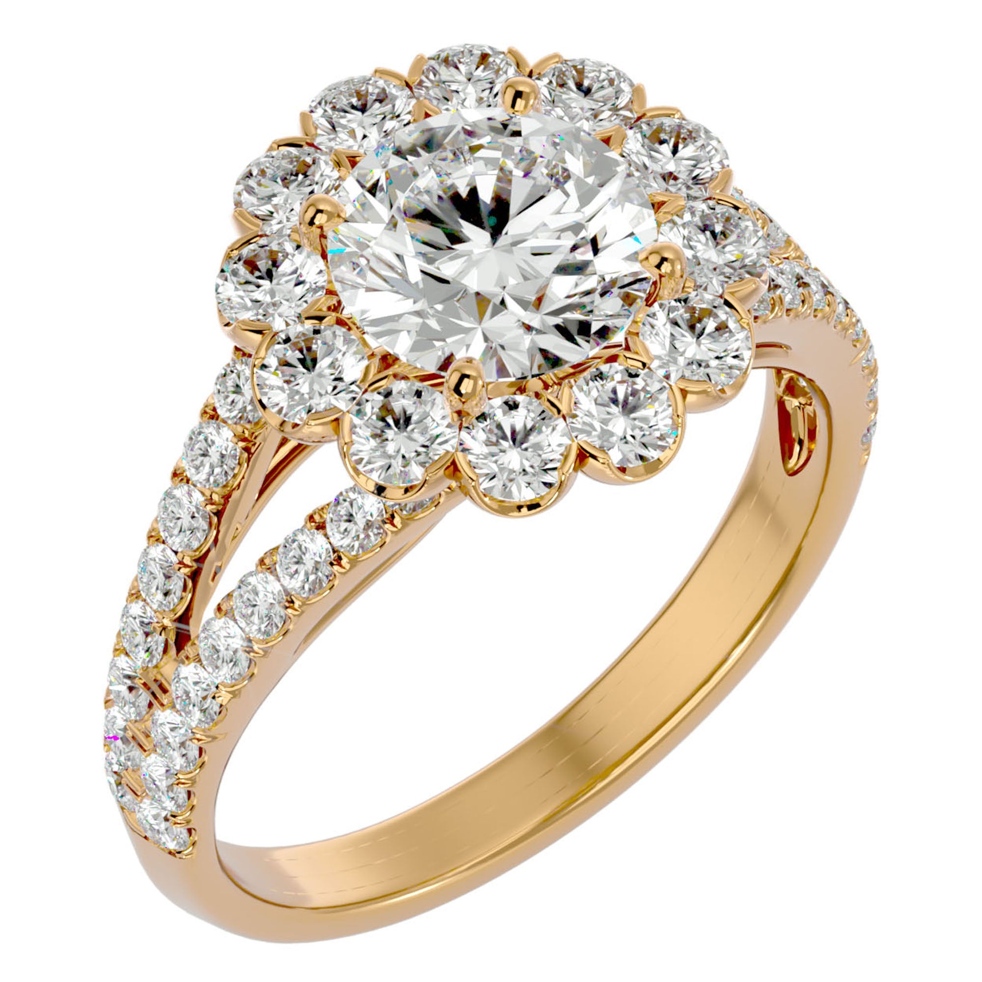 Inel de Logodnă Floral cu Moissanite Halo Etern Pavé de 2.51 ct din 18k Aur Galben - Castelo.ro