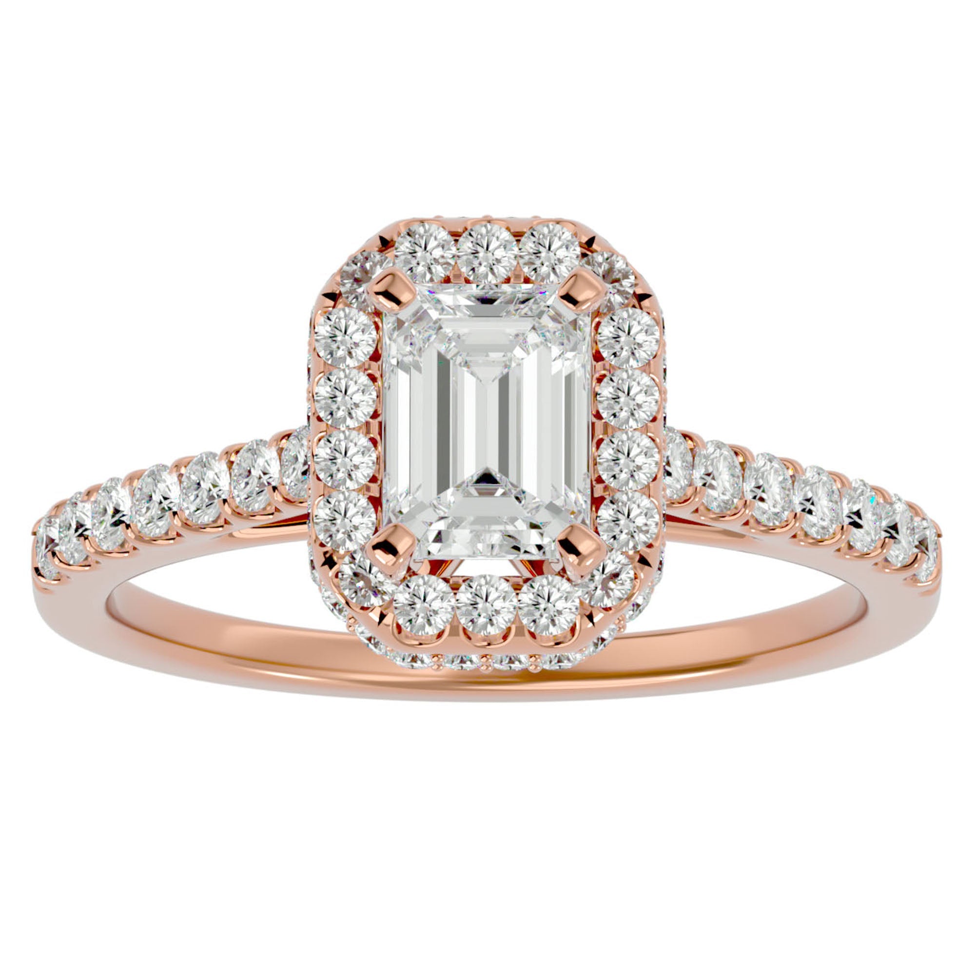 Inel din Aur 14k Cu Diamante Create în Laborator Tăietură Smarald si Halo de 1.44 ct din 14k Aur Roz - Castelo.ro