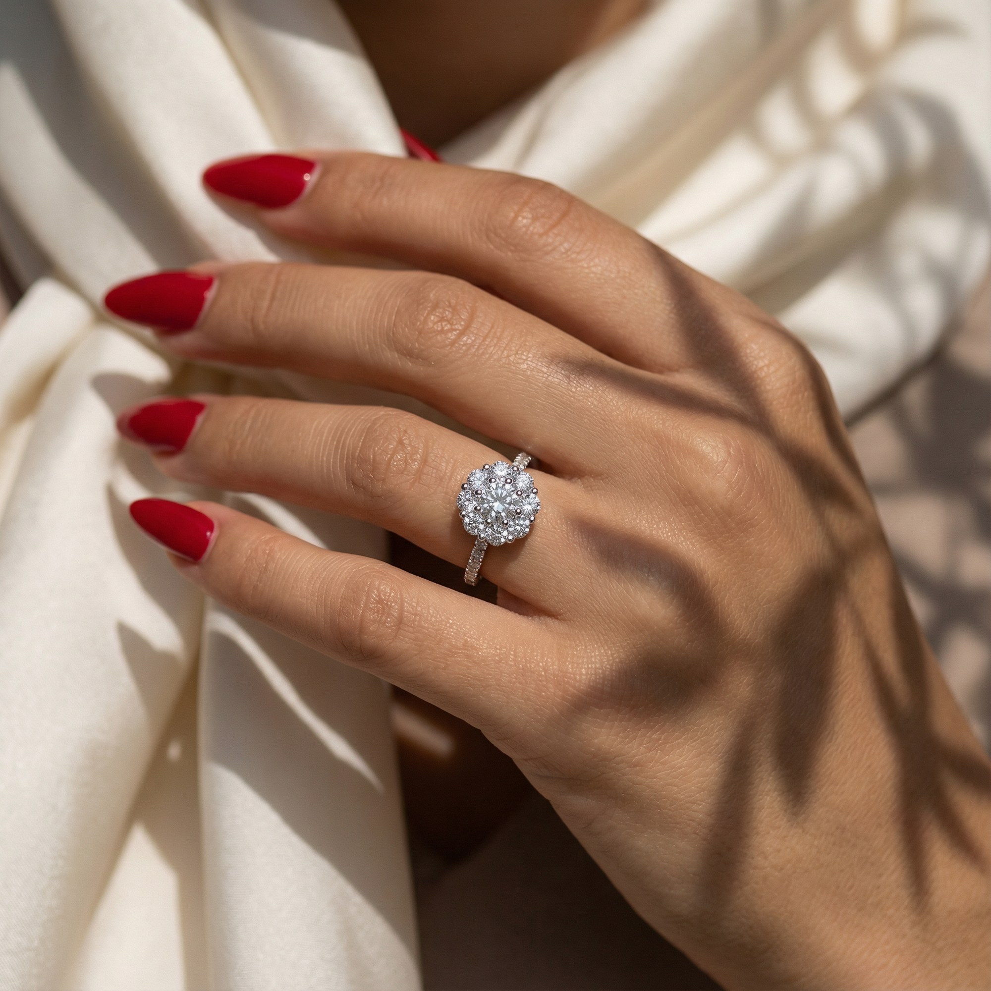 Inel de Logodnă Fleur din Aur 14k cu Moissanite Halo Pavé de 1.64 ct din 14k Aur Alb - Castelo.ro