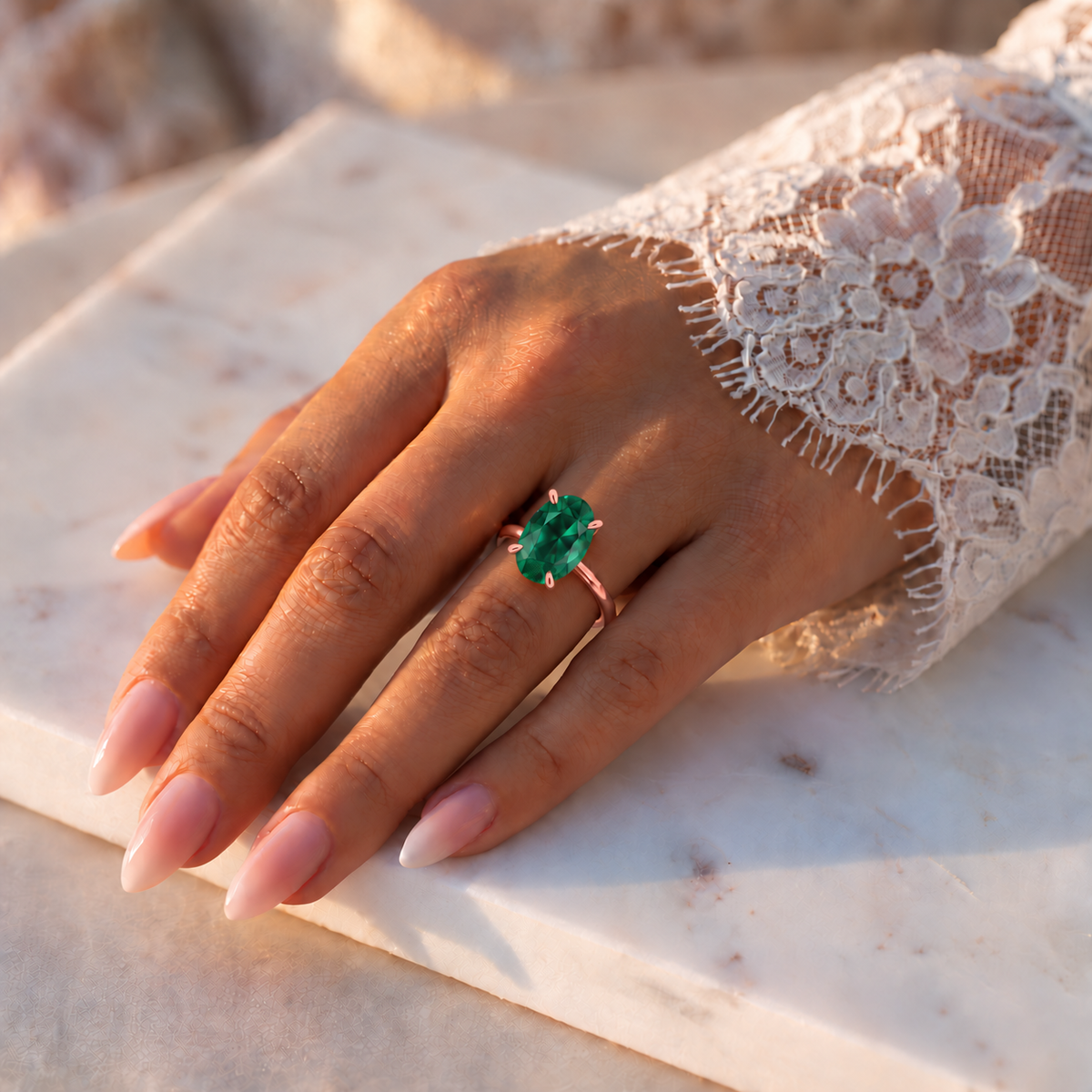 Inel de Logodnă Kensington din Aur 14k cu Smarald Creat în Laborator Oval 10x7 mm și Diamante Create în Laborator din 14k Aur Roz - Castelo.ro
