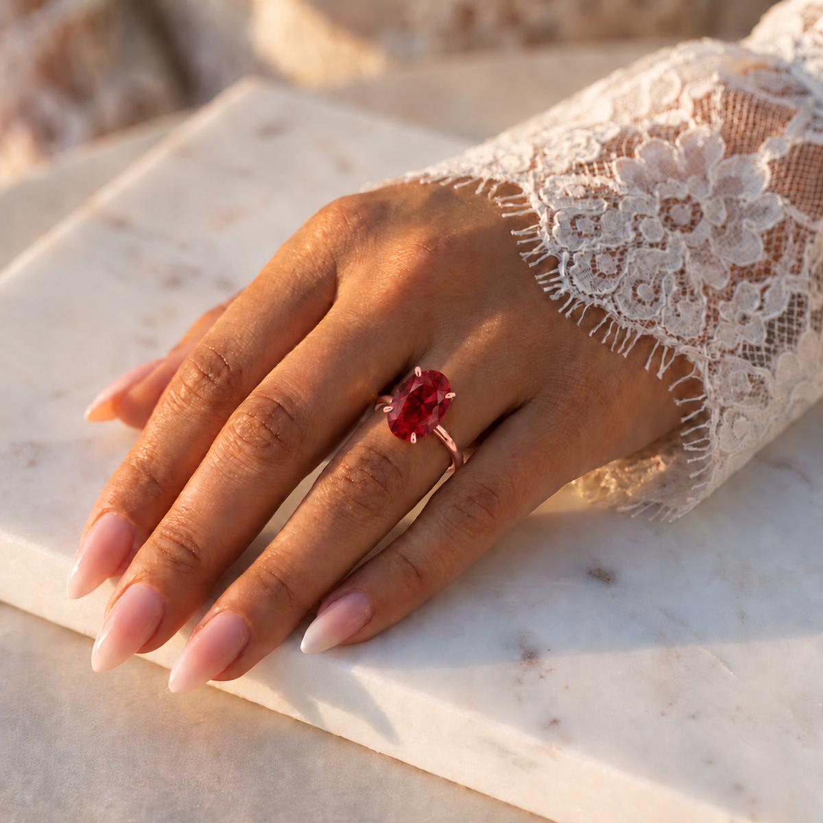 Inel de Logodnă Kensington din Aur 14k cu Rubin Creat în Laborator Oval 12x8 mm și Diamante Create în Laborator din 14k Aur Roz - Castelo.ro