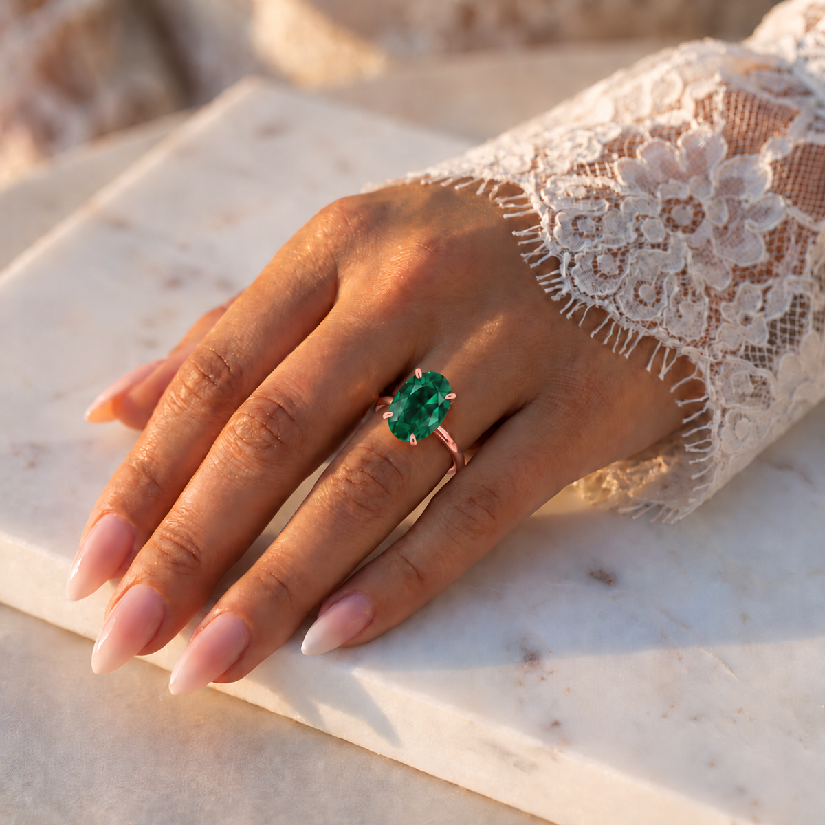 Inel de Logodnă Kensington din Aur 14k cu Smarald Creat în Laborator Oval 12x8 mm și Diamante Create în Laborator din 14k Aur Roz - Castelo.ro