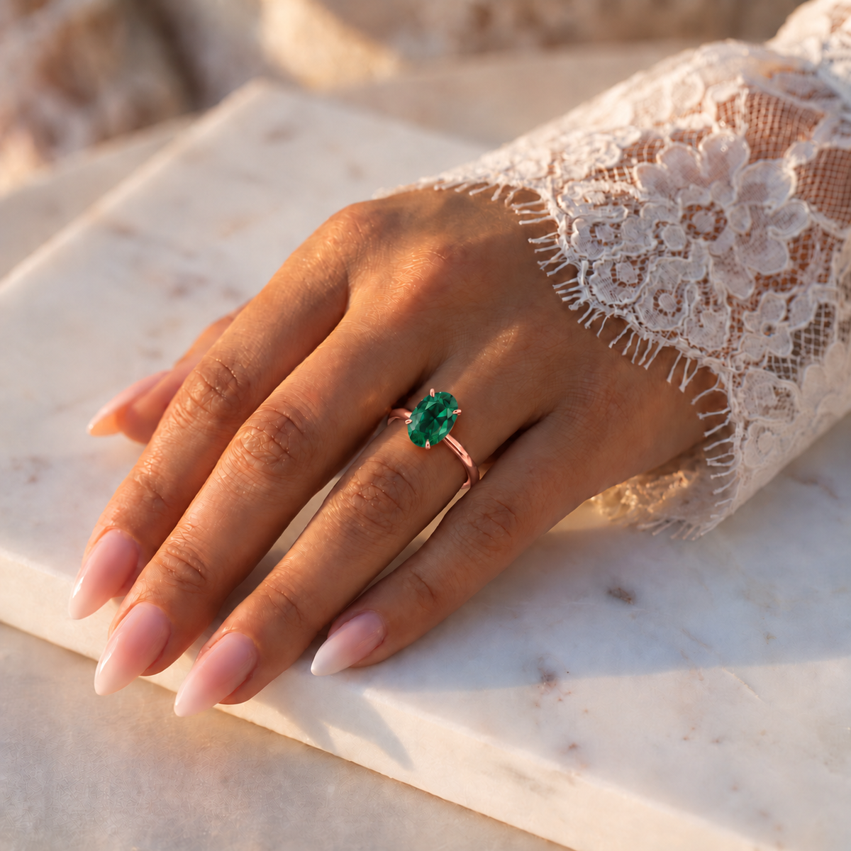 Inel de Logodnă Kensington din Aur 18k cu Smarald Creat în Laborator Oval 8x6 mm și Diamante Create în Laborator din 18k Aur Roz - Castelo.ro