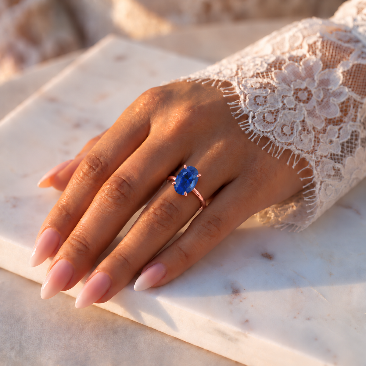 Inel de Logodnă Kensington din Aur 14k cu Safir Creat în Laborator Oval 10x7 mm și Diamante Create în Laborator din 14k Aur Roz - Castelo.ro