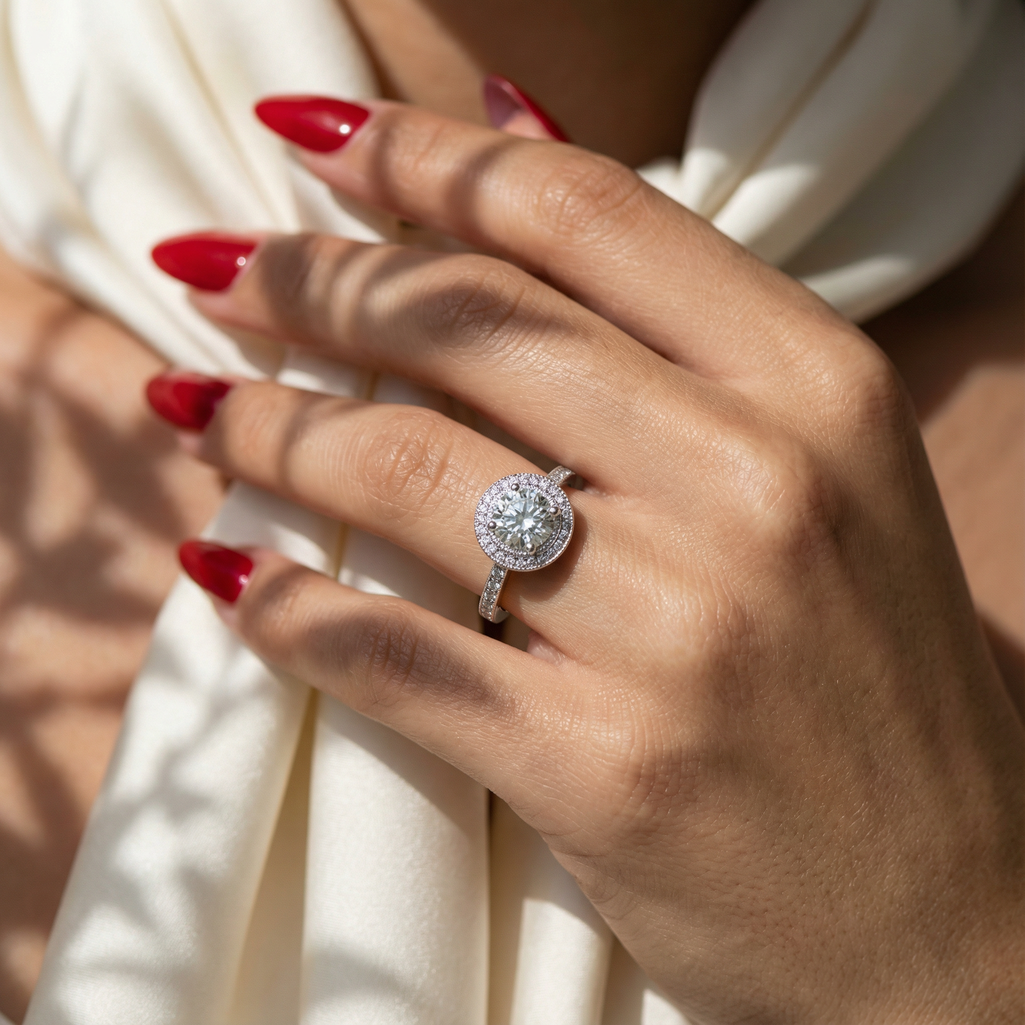 Inel de Logodnă din Aur 14k cu Moissanite Brilliant Rotund Halo Pavé de 1.59 ct din 14k Aur Alb - Castelo.ro