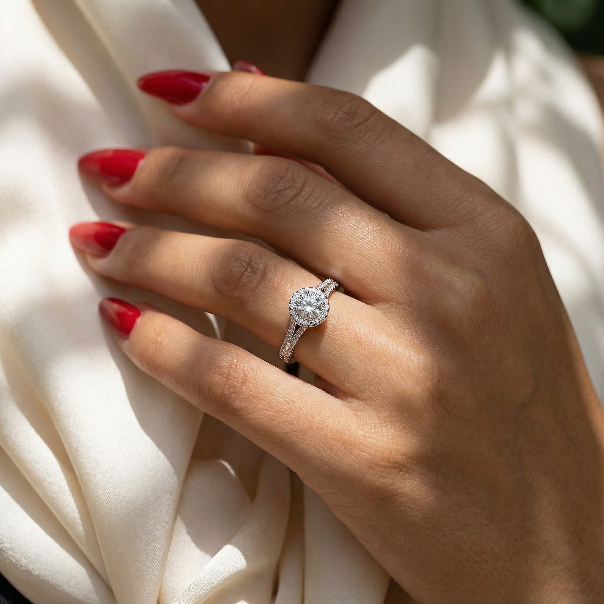 Inel de Logodnă Twilight din Aur 14k cu Diamante Create în Laborator Halo Pavé de 1.07 ct din 14k Aur Alb - Castelo.ro