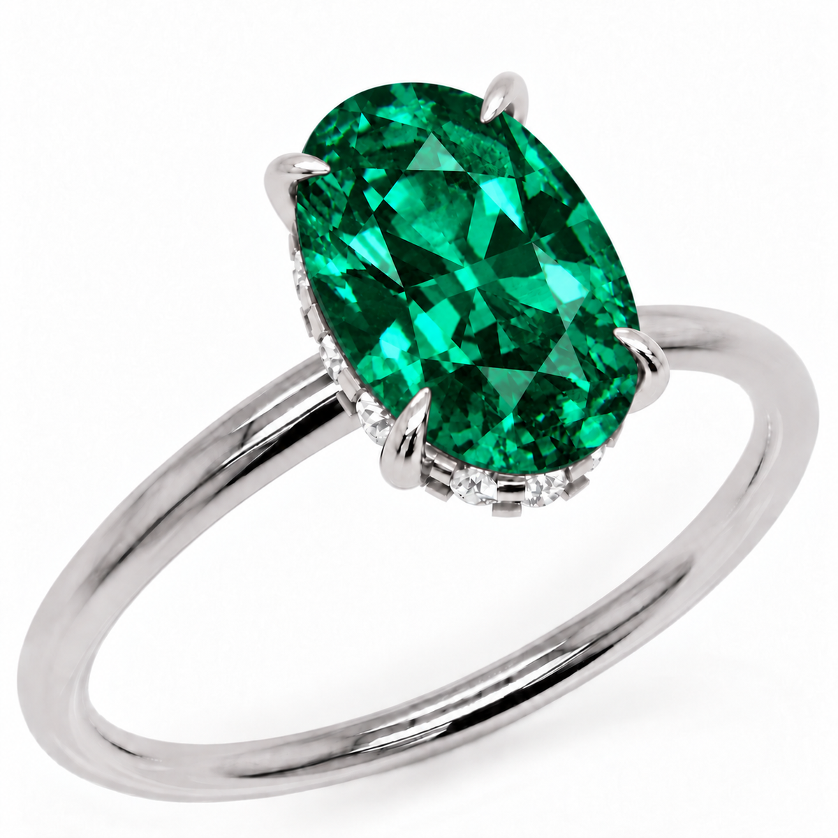 Inel de Logodnă Kensington din Aur 18k cu Smarald Creat în Laborator Oval 12x8 mm și Diamante Create în Laborator din Platina - Castelo.ro