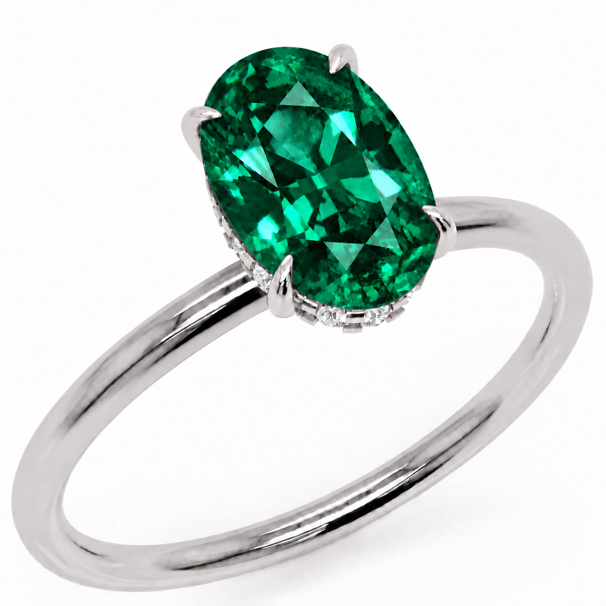 Inel de Logodnă Kensington din Aur 14k cu Smarald Creat în Laborator Oval 10x7 mm și Diamante Create în Laborator din 14k Aur Alb - Castelo.ro