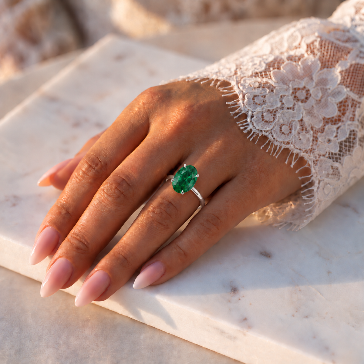 Inel de Logodnă Kensington din Aur 14k cu Smarald Creat în Laborator Oval 12x8 mm și Diamante Create în Laborator din 14k Aur Alb - Castelo.ro