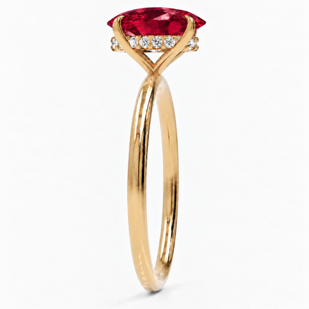 Inel de Logodnă Kensington din Aur 14k cu Rubin Creat în Laborator Oval 10x7 mm și Diamante Create în Laborator din 14k Aur Galben - Castelo.ro