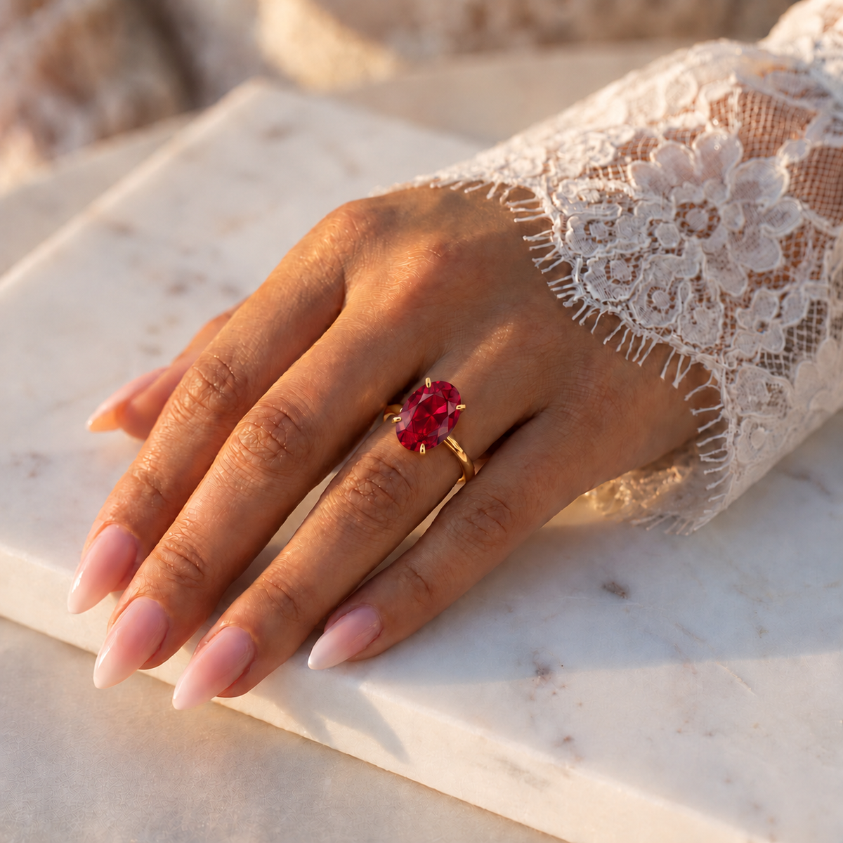 Inel de Logodnă Kensington din Aur 14k cu Rubin Creat în Laborator Oval 12x8 mm și Diamante Create în Laborator din 14k Aur Galben - Castelo.ro