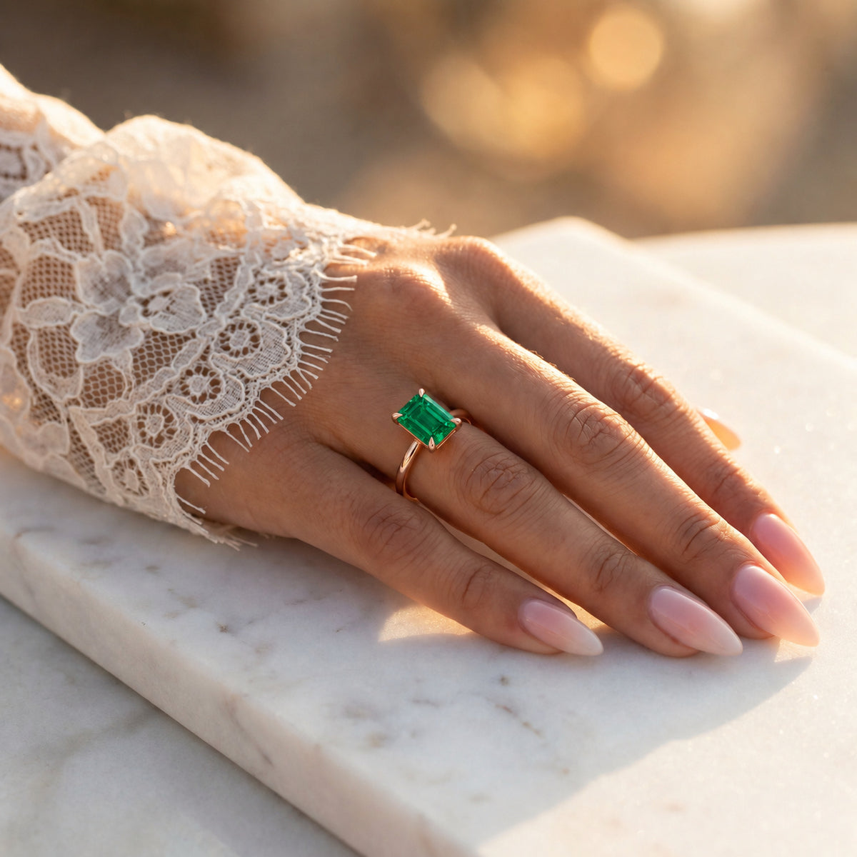 Inel de Logodnă Raphael din Aur 18k cu Smarald Creat în Laborator Emerald Cut 7x9 mm din 18k Aur Roz - Castelo.ro