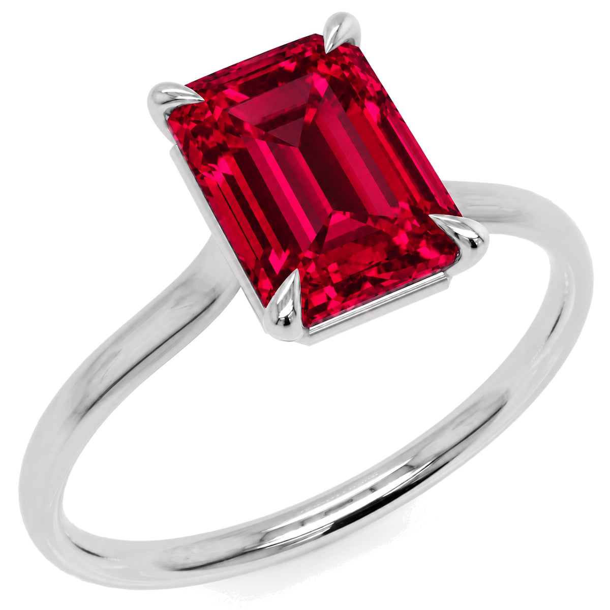 Inel de Logodnă Raphael din Aur 14k cu Rubin Creat în Laborator Emerald Cut 8x10 mm din 14k Aur Alb - Castelo.ro