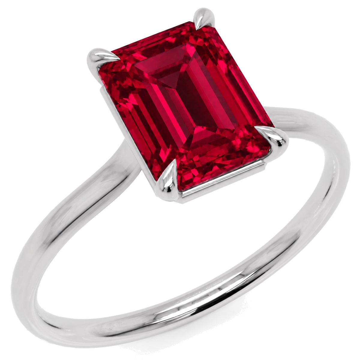 Inel de Logodnă Raphael din Aur 14k cu Rubin Creat în Laborator Emerald Cut 7x9 mm din 14k Aur Alb - Castelo.ro
