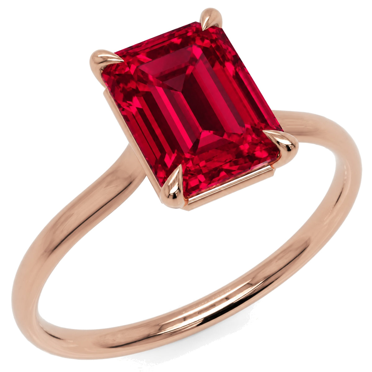 Inel de Logodnă Raphael din Aur 18k cu Rubin Creat în Laborator Emerald Cut 7x9 mm din 18k Aur Roz - Castelo.ro
