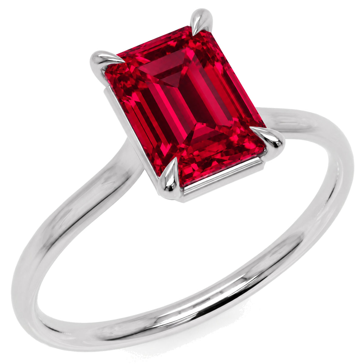 Inel de Logodnă Raphael din Aur 14k cu Rubin Creat în Laborator Emerald Cut 6x8 mm din 14k Aur Alb - Castelo.ro