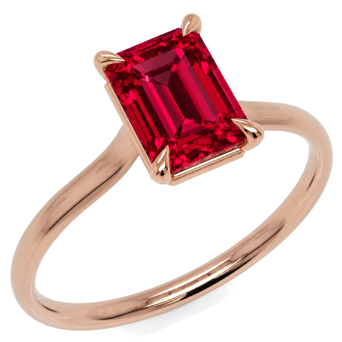 Inel de Logodnă Raphael din Aur 18k cu Rubin Creat în Laborator Emerald Cut 6x8 mm din 18k Aur Roz - Castelo.ro