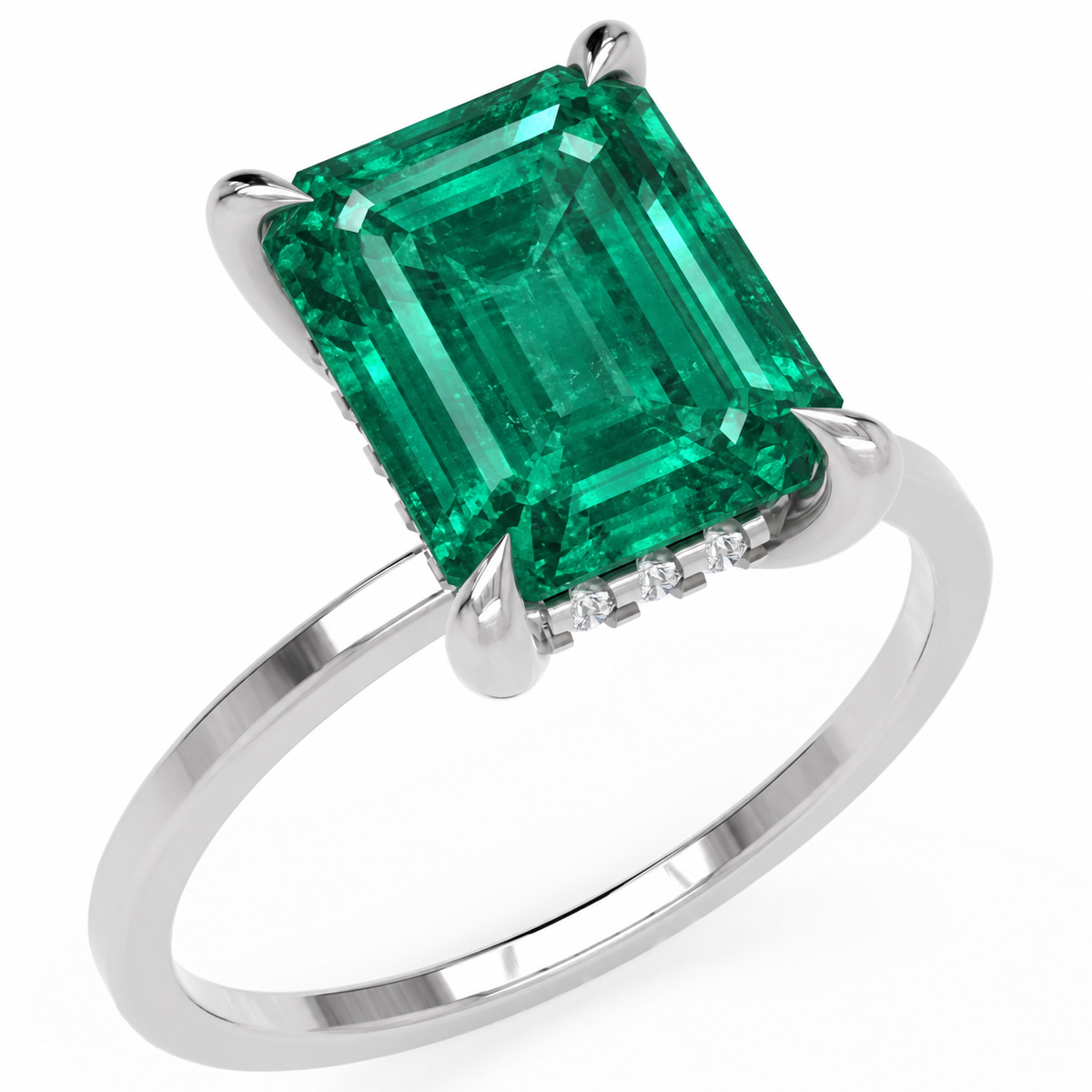 Inel de Logodnă Windsor din Aur 18k cu Smarald Creat în Laborator Emerald Cut 10x8 mm și Diamante Create în Laborator din Platina - Castelo.ro