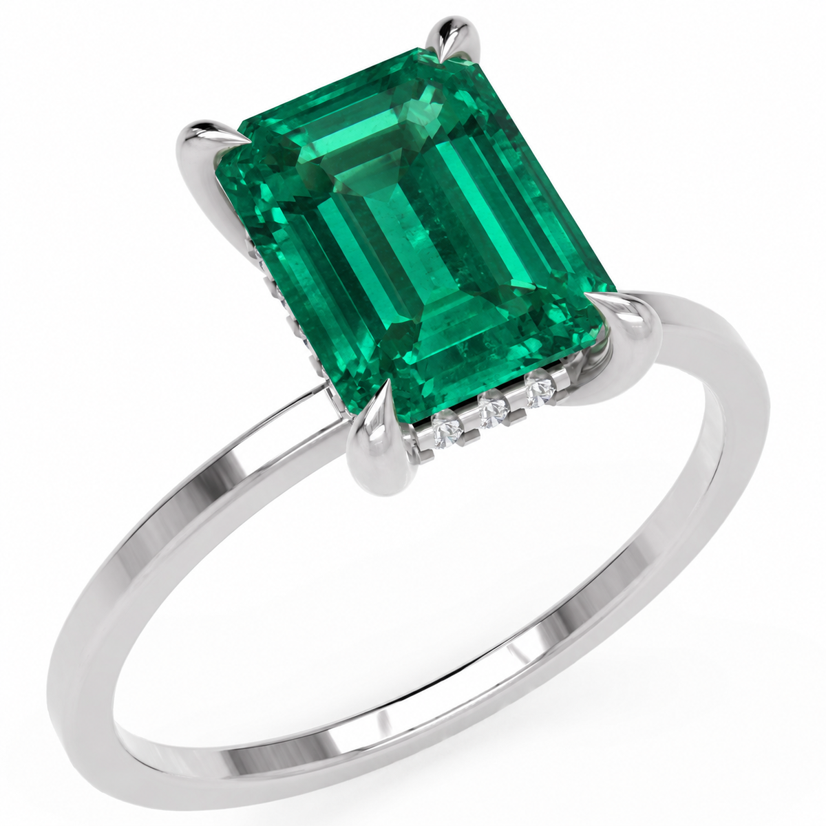 Inel de Logodnă Windsor din Aur 14k cu Smarald Creat în Laborator Emerald Cut 9x7 mm și Diamante Create în Laborator din 14k Aur Alb - Castelo.ro