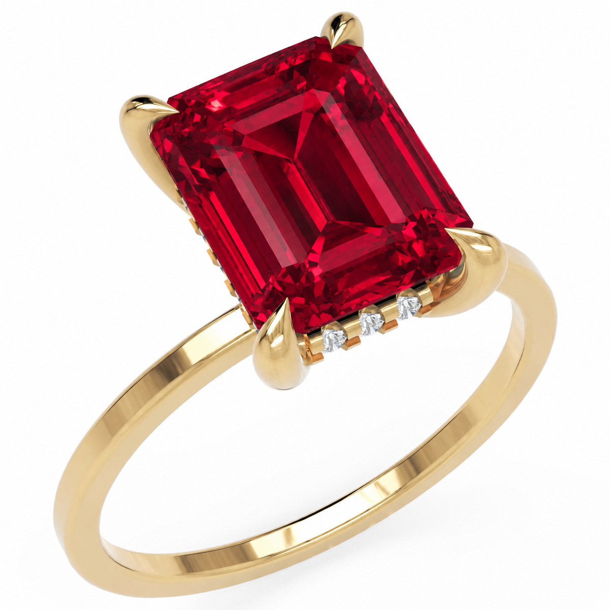 Inel de Logodnă Windsor din Aur 18k cu Rubin Creat în Laborator Emerald Cut 10x8 mm și Diamante Create în Laborator din 18k Aur Galben - Castelo.ro