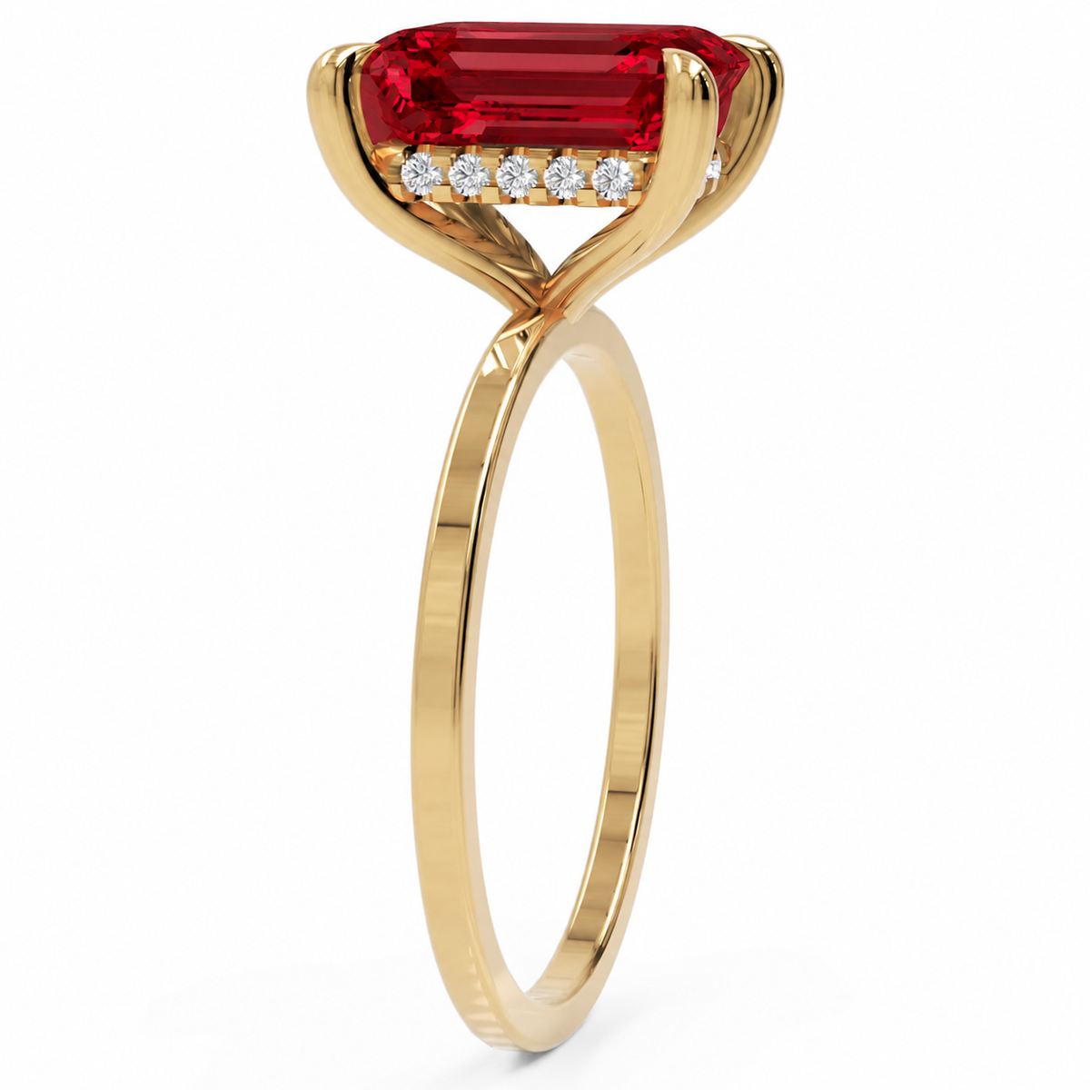 Inel de Logodnă Windsor din Aur 14k cu Rubin Creat în Laborator Emerald Cut 10x8 mm și Diamante Create în Laborator din 14k Aur Galben - Castelo.ro