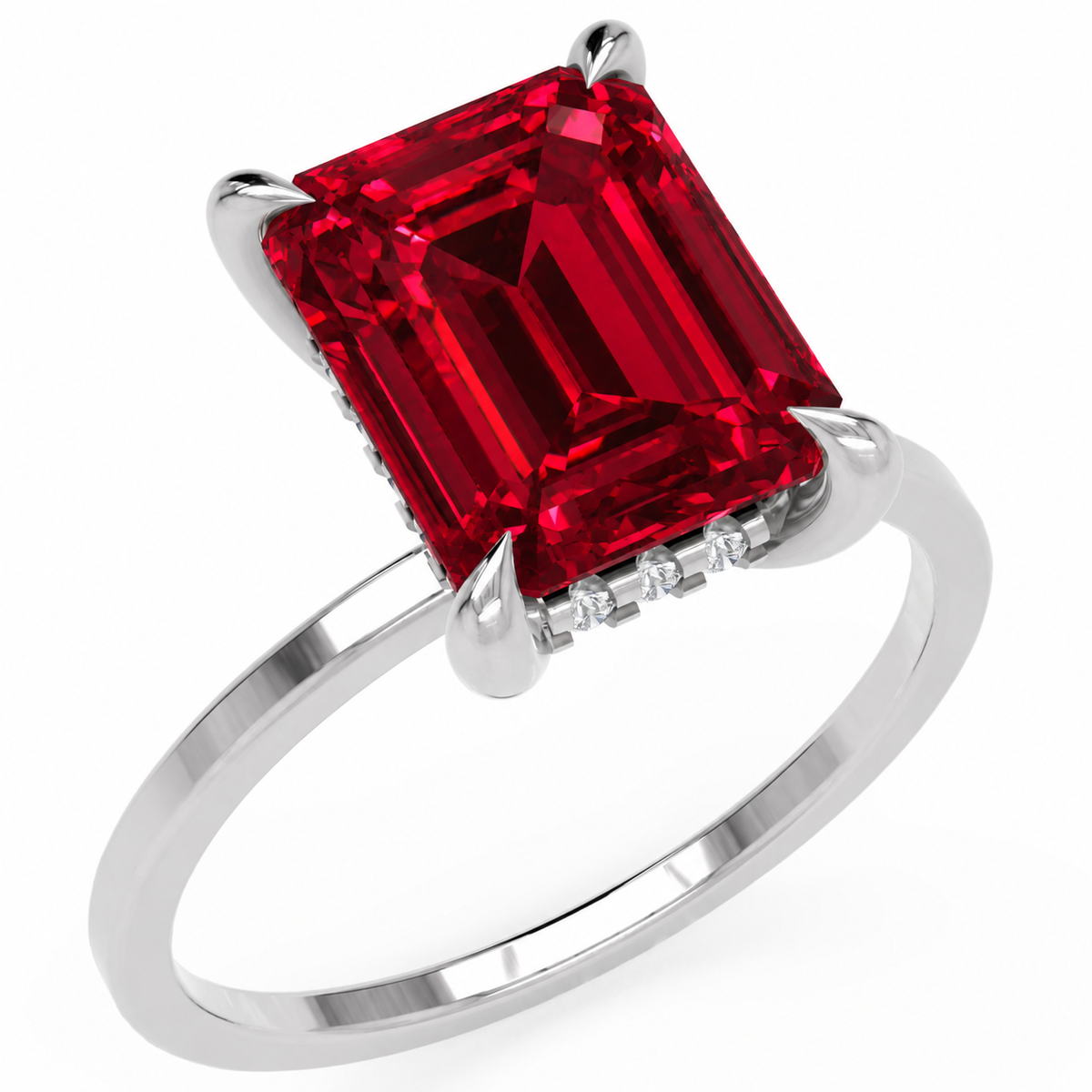 Inel de Logodnă Windsor din Aur 18k cu Rubin Creat în Laborator Emerald Cut 10x8 mm și Diamante Create în Laborator din Platina - Castelo.ro