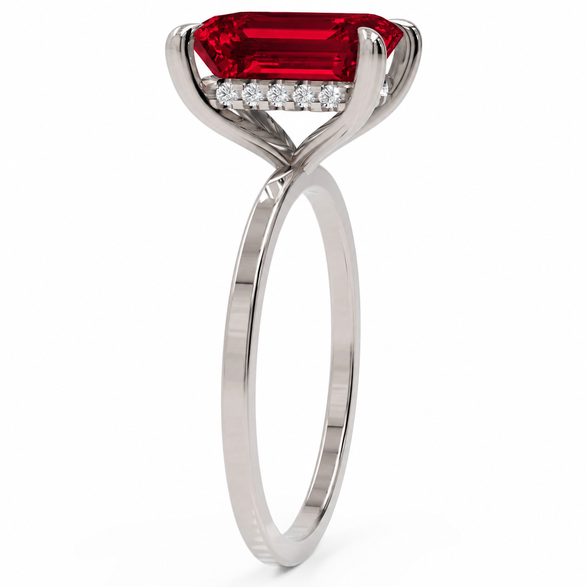 Inel de Logodnă Windsor din Aur 14k cu Rubin Creat în Laborator Emerald Cut 10x8 mm și Diamante Create în Laborator din 14k Aur Alb - Castelo.ro