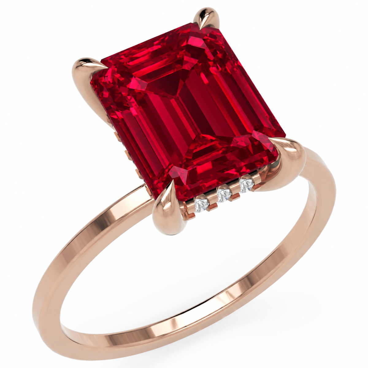 Inel de Logodnă Windsor din Aur 18k cu Rubin Creat în Laborator Emerald Cut 10x8 mm și Diamante Create în Laborator din 18k Aur Roz - Castelo.ro