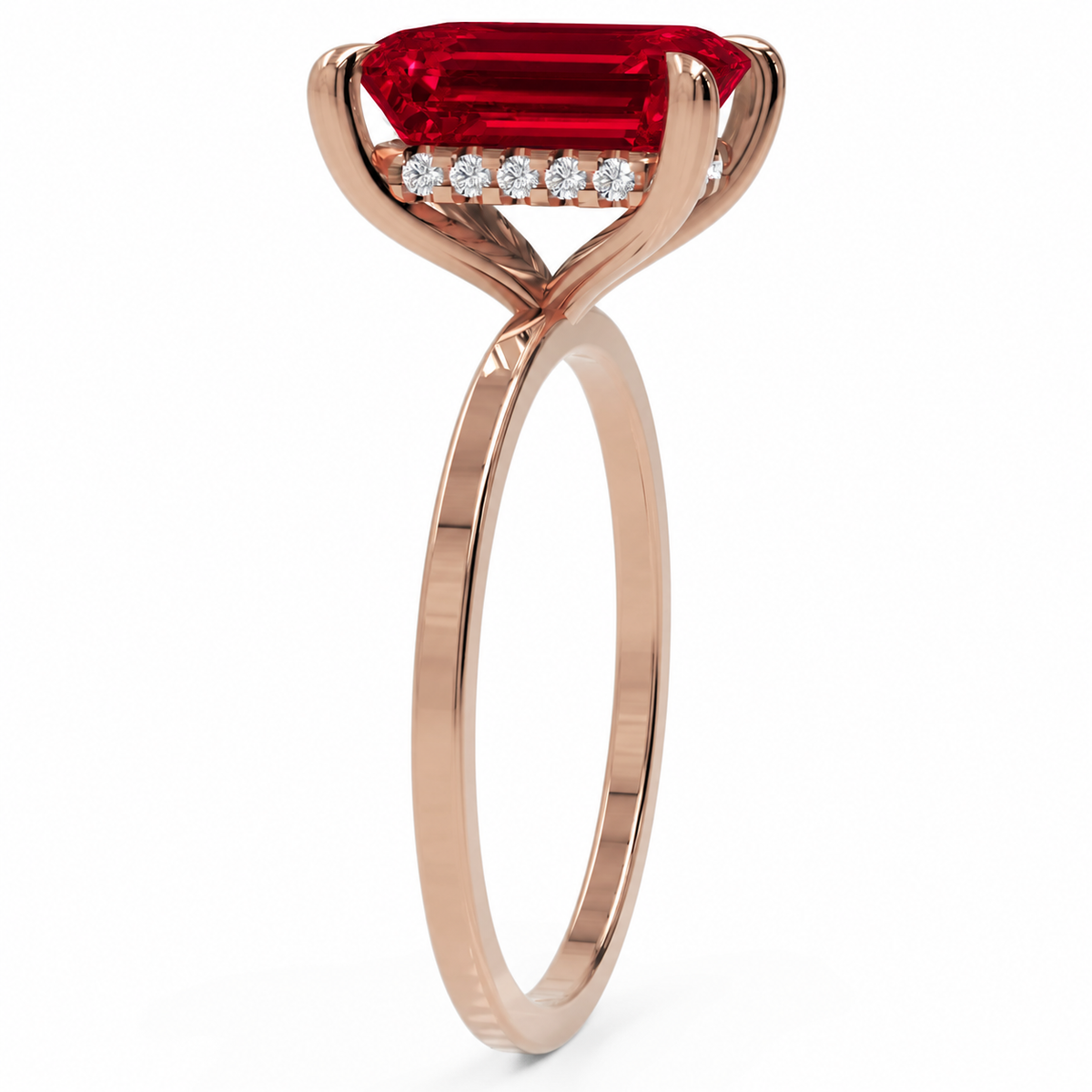 Inel de Logodnă Windsor din Aur 14k cu Rubin Creat în Laborator Emerald Cut 10x8 mm și Diamante Create în Laborator din 14k Aur Roz - Castelo.ro